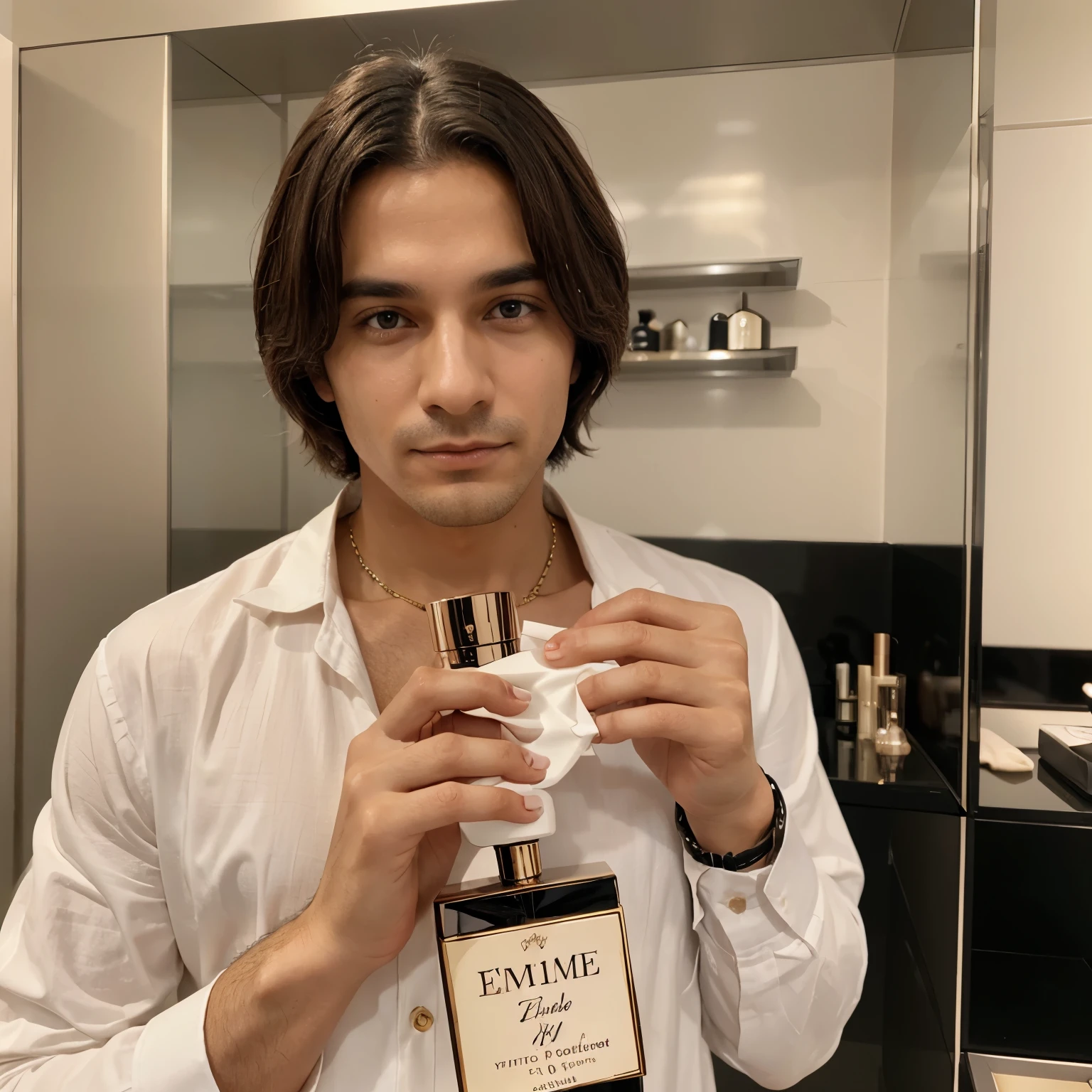 A Man who holding a perfume that written on it emirate perfume 