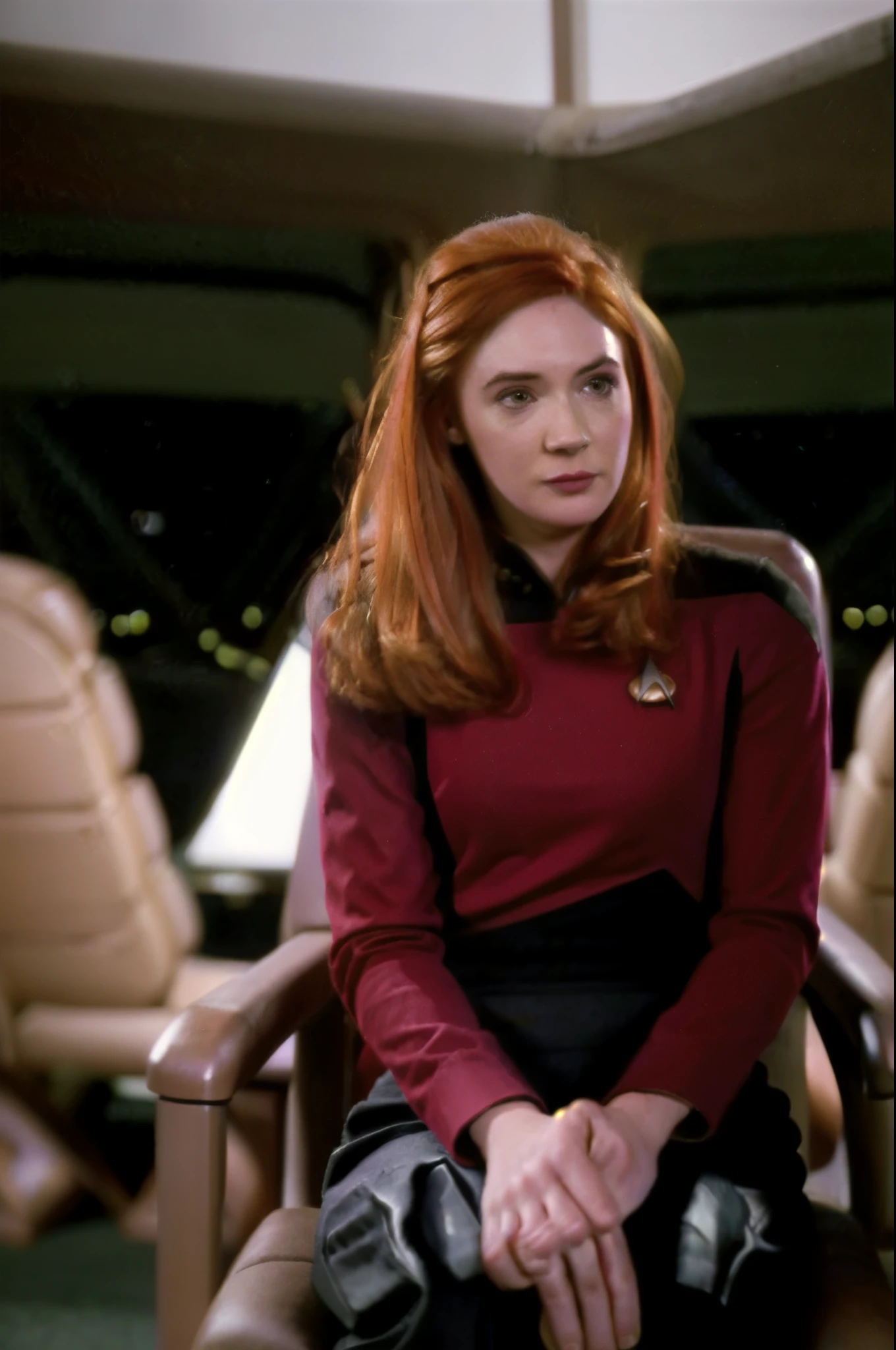  high resolution, hyper realistic, high quality, photo of amy pond
karen gillan
red hair wearing red s3stngunf sitting in captain's chair of enterprise s3stngunf uniform 