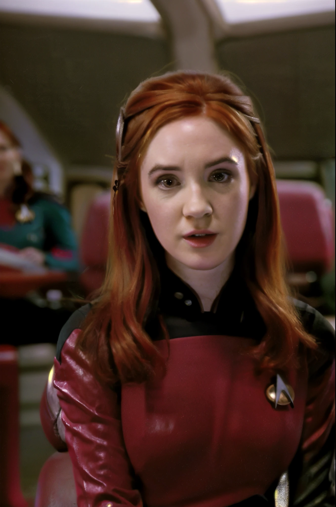  high resolution, hyper realistic, high quality, photo of amy pond
karen gillan
red hair wearing red s3stngunf sitting in captain's chair of enterprise s3stngunf uniform 