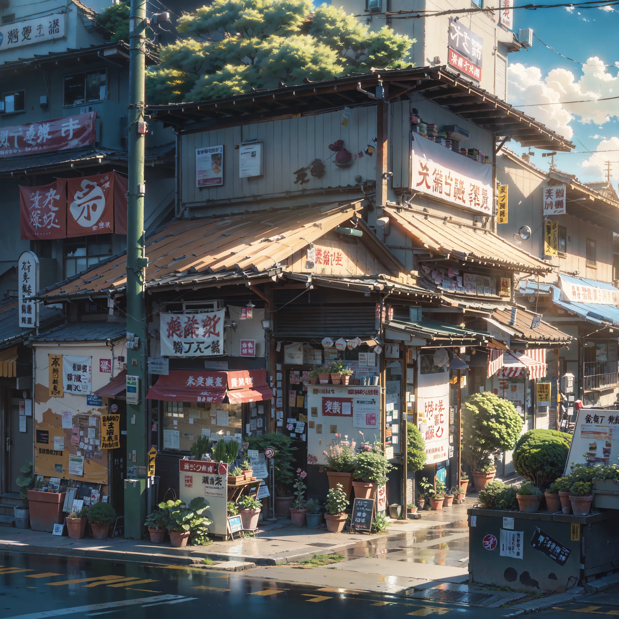 sunny, beautiful weather. modern Japanese city street, japanese shop. Best quality. No one in sight. Anime. Anime style. lofi. dramatic weather. wide view, wide angle. Next to street. Modern village
