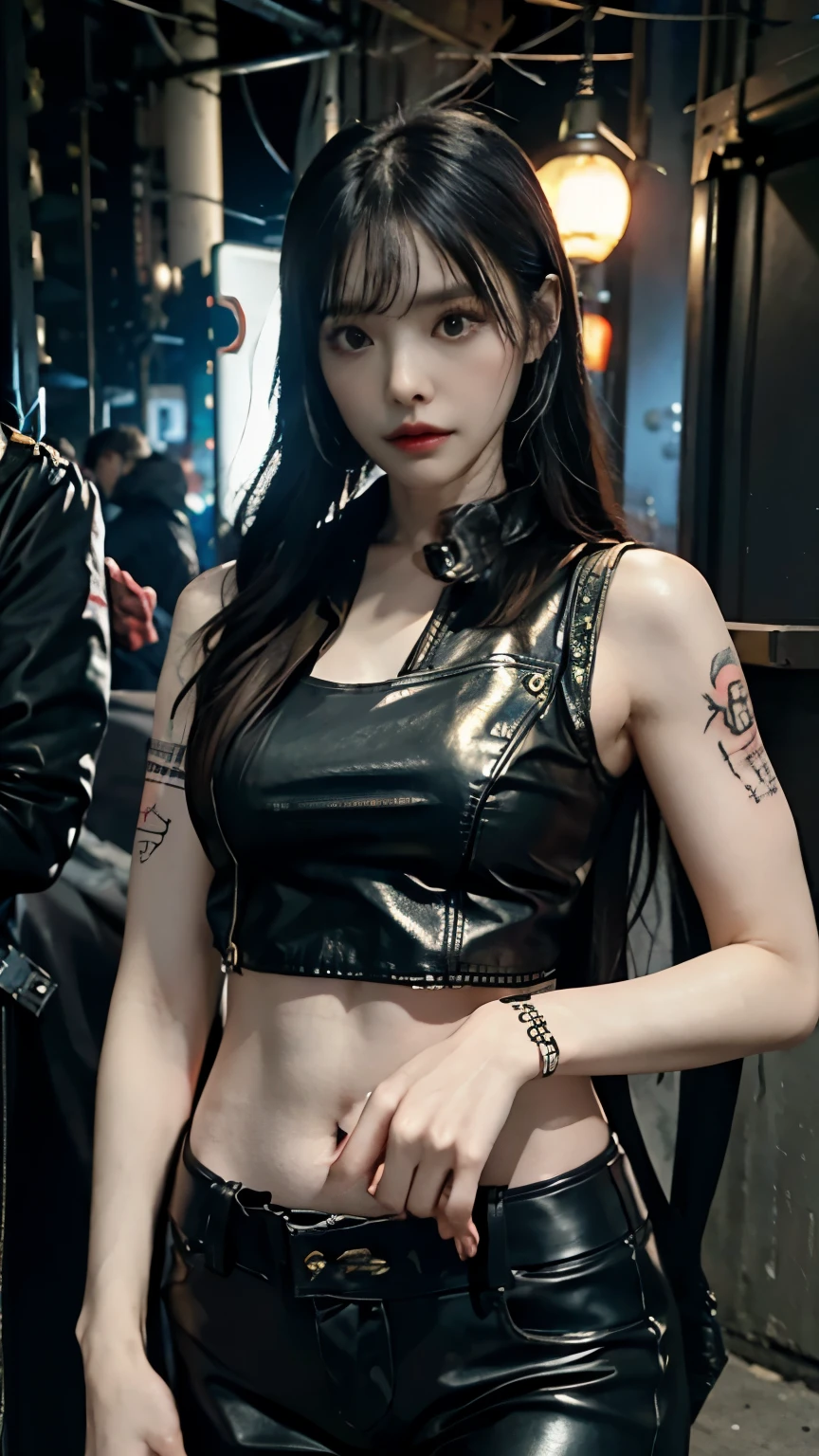 (highest quality)，masterpiece，Super detailed，8K, UHD，Beautiful woman，japanese woman，No expression，whole body，((tattoo))，slim，black leather pants，black leather vest，(female mafia)，gangster，(cyberpunk city)，night，cinematic lightening，underworld