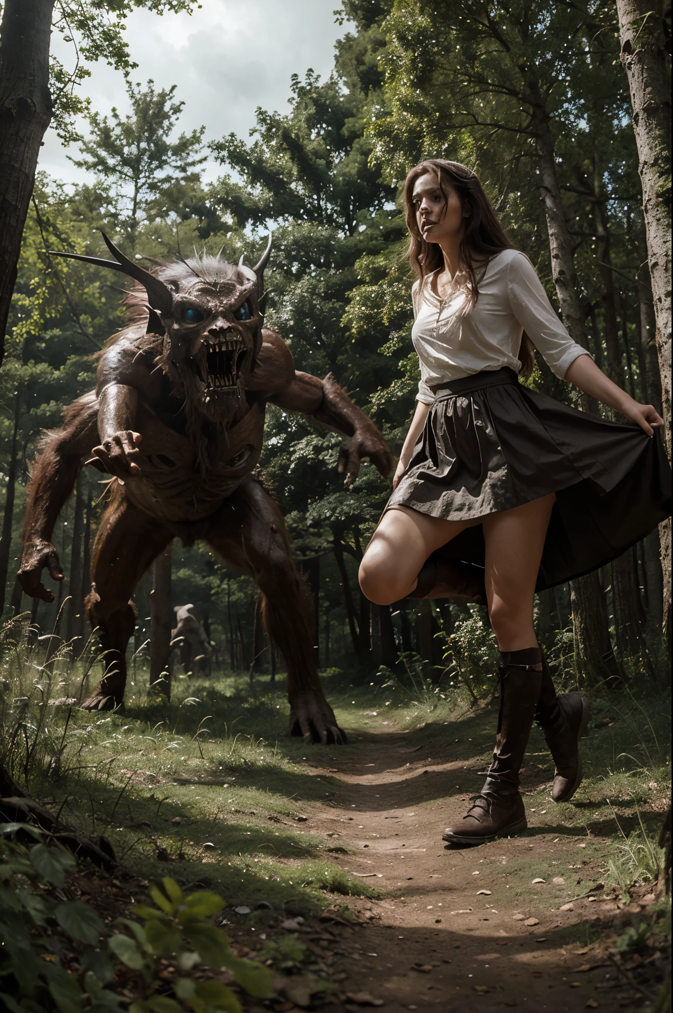 beautiful princess in a forest running from zombies and monsters in a cloudy day