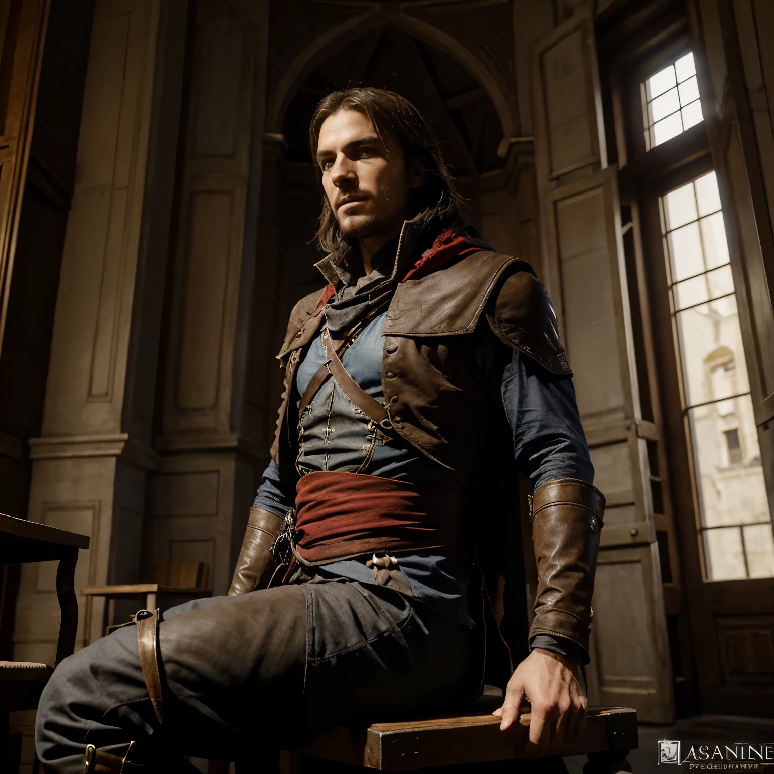 Fait moi un tableau tiré du jeu assasin’ creed qui représente arno dorian (qui est le personnage principal du jeu ) au centre du tableau assis sur un trône dans une salle préparée et ornée d’or comme les roi et à ses pieds les membres du templiers sont agenouillés