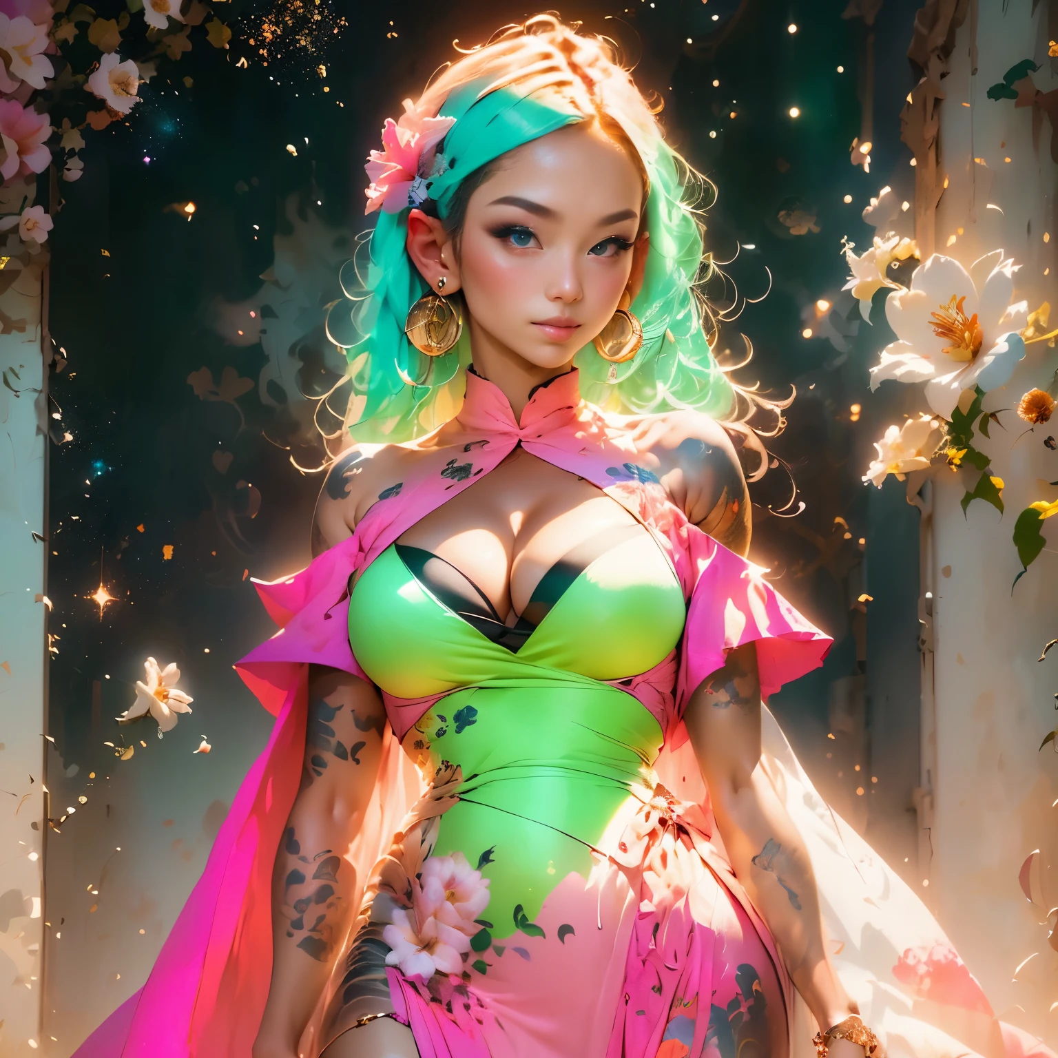(Realistic Painting), (Best Quality, High Resolution, Photo Realistic: 1.37), (Vivid Colors), (Studio Lighting), (Orange, Pink, White, and Green Details), (Woman with White Hair), (Tattoos), (Technological clothing: 1.1), (Abstract background with lines and circles). ((best quality, high resolution, clear image, detailed background, girl, flower-t tattoo, starry sky)). ((Best quality: 1.37), (1 girl - solo, full-length, waist-high, loose - relaxed pose, standing), (fashionable pink dress, technological image)). ((Settings, soft light, shadows). (tech background - abstraction) HD detail, cinematic, surrealism, Soft light, Deep focus, ray tracing, Diffusion.