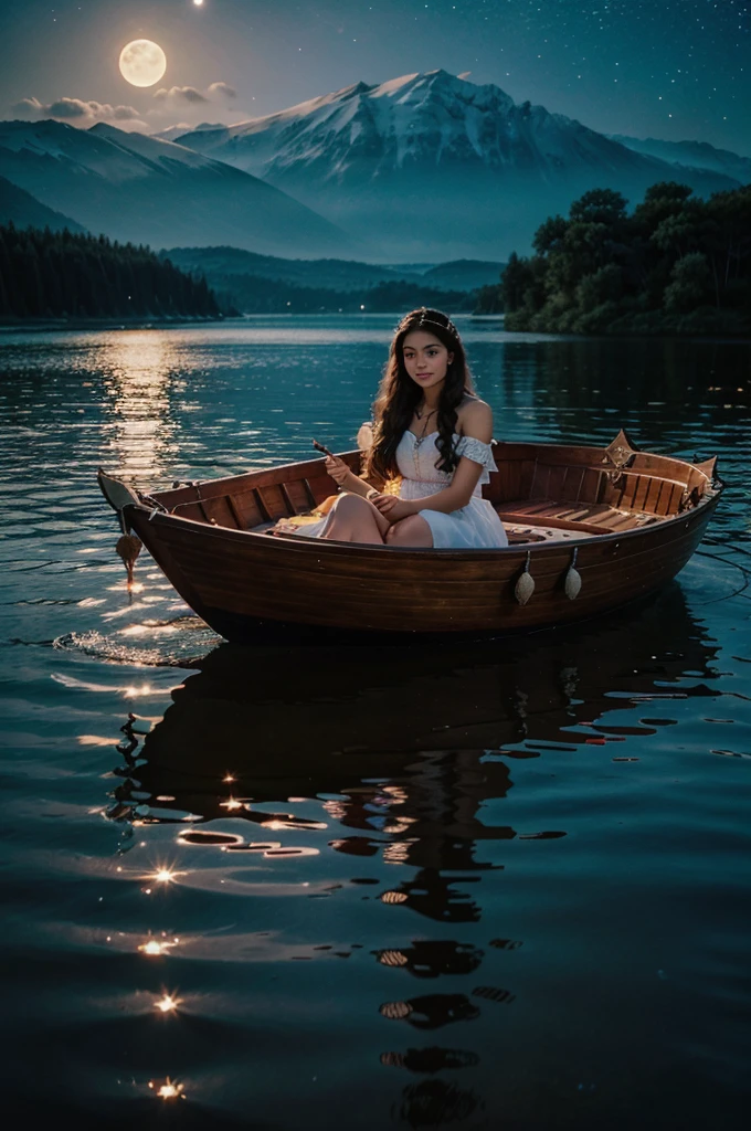 beautiful princess in a boat, on a clear lake in night with sky full of stars and bright moon