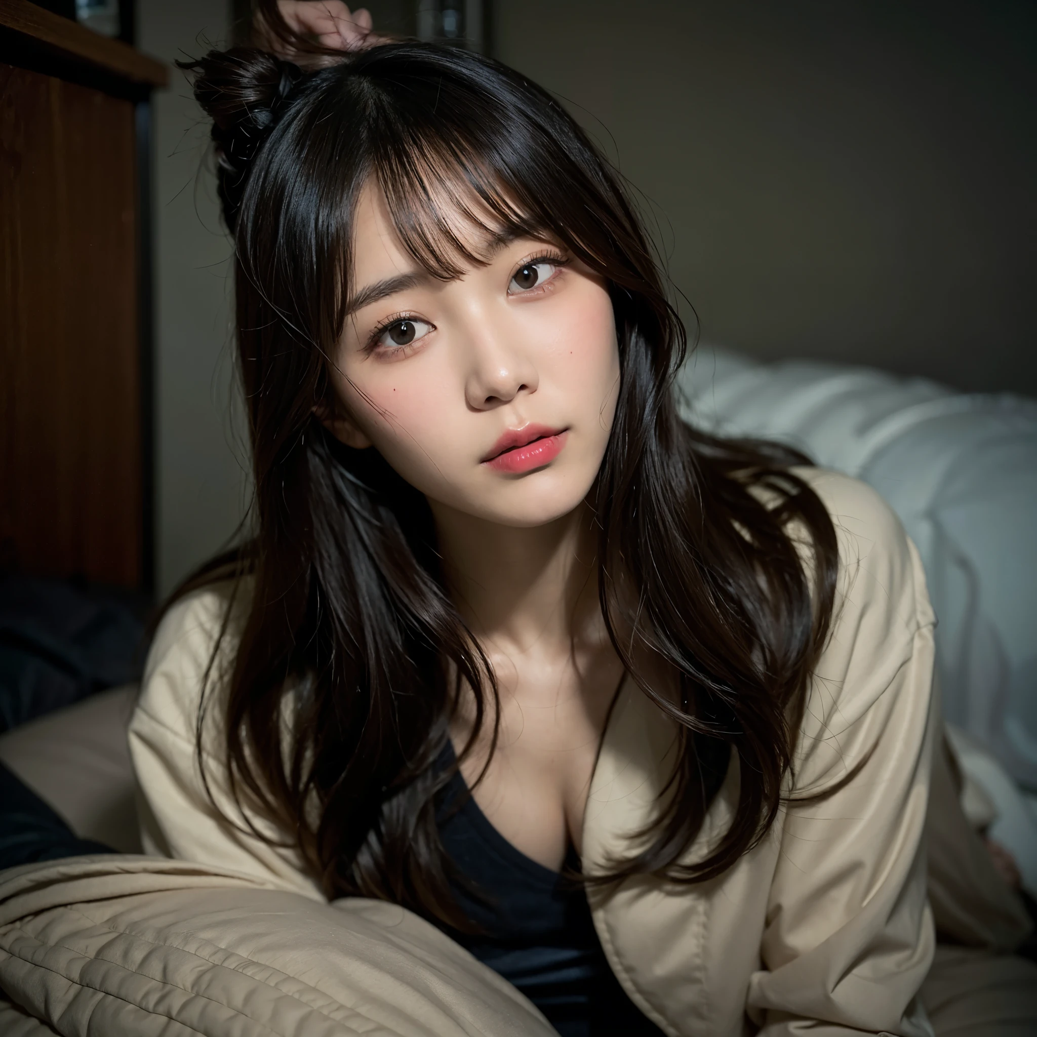 Asian woman using mobile phone while lying on bed, anime. soft lighting, Yoshitomo Nara, Black-haired Sui Ishida, Another close up of Iwakura, sakimichan, Ilya Kuvshinov. 4K, Close-up of Reon Iwakura, Kuvshinov Ilya, Chiho、20-year-old