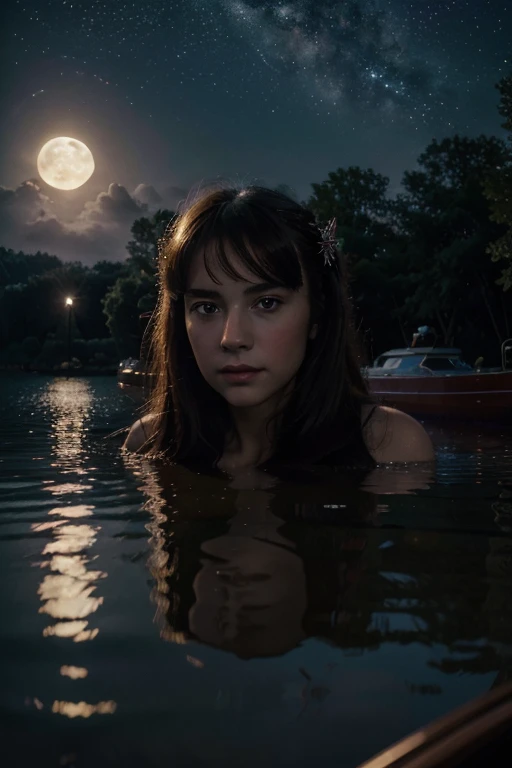 (best quality,4k,8k,highres,masterpiece:1.2),ultra-detailed,realistic,fantasy,portrait,beautiful princess,boat,clear lake,night,stars,bright moon