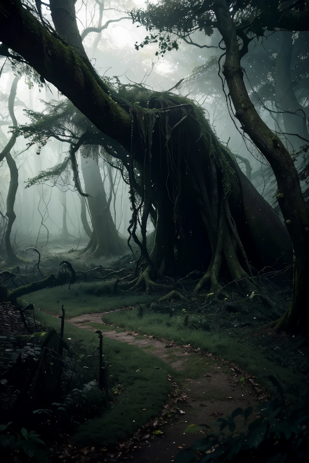 Darkness, dense foliage, twisted trees, gnarled roots, looming shadows, suffocating undergrowth, eerie silence, oppressive atmosphere, tangled vines, fog-shrouded paths, ominous whispers, sinister presence, lurking predators, hidden dangers, forbidding canopy, noxious mist, chilling winds, ghostly howls, treacherous terrain, labyrinthine depths.