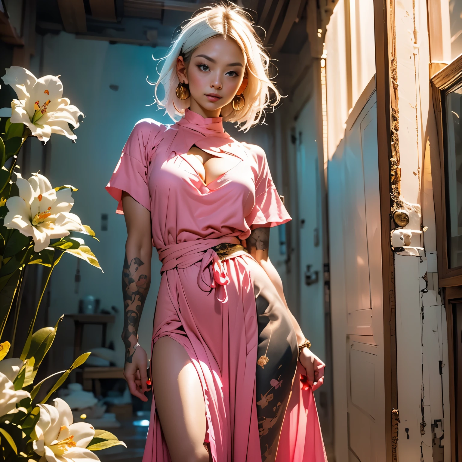 (Realistic Painting), (Best Quality, High Resolution, Photo Realistic: 1.37), (Vivid Colors), (Studio Lighting), (Orange, Pink, White, and Green Details), (Woman with White Hair), (Tattoos), (Technological clothing: 1.1), (Abstract background with lines and circles). ((best quality, high resolution, clear image, detailed background, girl, flower-t tattoo, starry sky)). ((Best quality: 1.37), (1 girl - solo, full-length, waist-high, loose - relaxed pose, standing), (fashionable pink dress, technological image)). ((Settings, soft light, shadows). (tech background - abstraction) HD detail, cinematic, surrealism, Soft light, Deep focus, ray tracing, Diffusion.