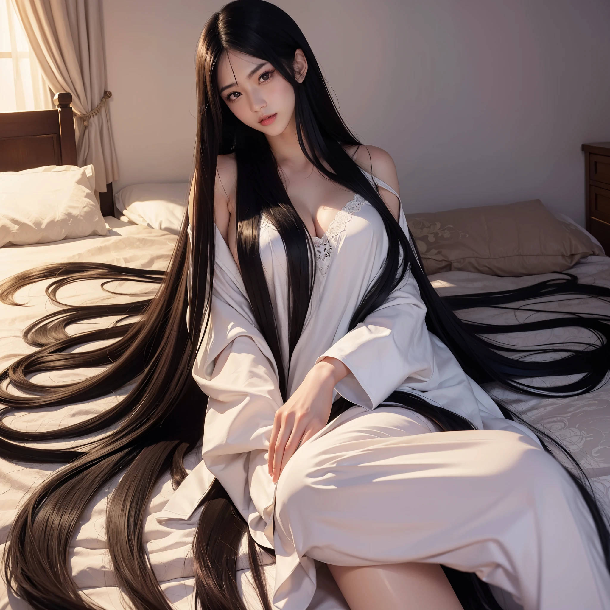 (Top image quality、top-quality、Top resolution、hyper realistic photography、Full body photo、​masterpiece、）one girls、Surprisingly long black hair is super beautiful、hair length about 3 meters、White underwear or naked、Hide the whole body with straight black hair、Very beautiful face、well-groomed beautiful black hair、very large amount of hair、Ultra-long black hair that emphasizes sex appeal as a woman、slim figure、Lustrous beautiful hair、Bright lighting、profetional lighting、Winner of the World Long Hair Contest、Full body real photo、Head-to-toe photo、Photo taken from about 4 meters away、Super Real、Two hands、2 legs、5 fingers、The longest black hair in the world、Hair is heavy and tired、Hair longer than Rapunzel、very large amount of hair、I hide my whole body with very long black hair、Hair that is shampooed every day is very clean、Hair smells of roses、My sexiness is my very long black hair、I have very long black hair、I have very long black hair、Long black hair is a symbol of beauty、My pride is very long black hair、This long hair length and amount is admired all over the world、My very long black hair is spread out in a fan shape、Facing backwards、Sleeping face down、Silky black hair flowing from the shoulders to the floor、Skinny Fingers、