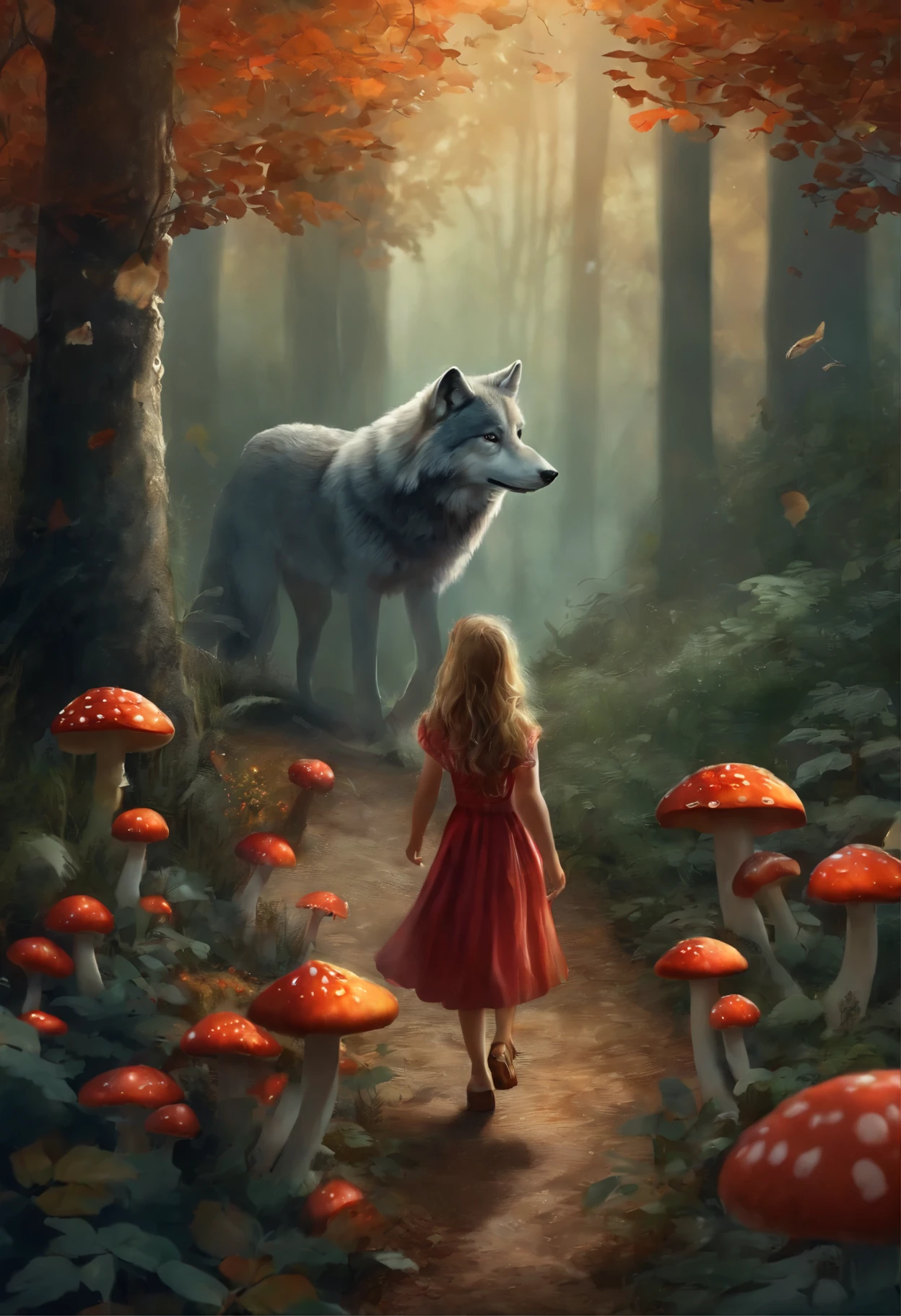 Illustration for a fairy tale, where the girl is walking through the forest, collects mushrooms and berries and meets a gray wolf 