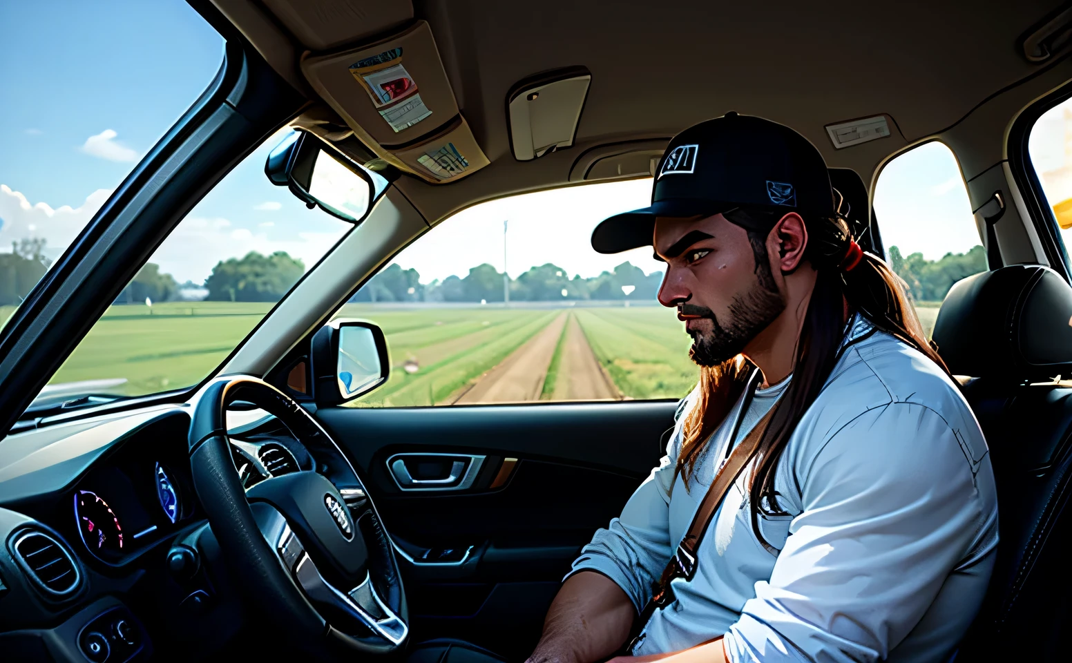 there is a man sitting in the driver's seat of a pickup truck, driving a car, driving, driving around the farm, travel, muscular man, in a cap, long hair tied up, facing to the side