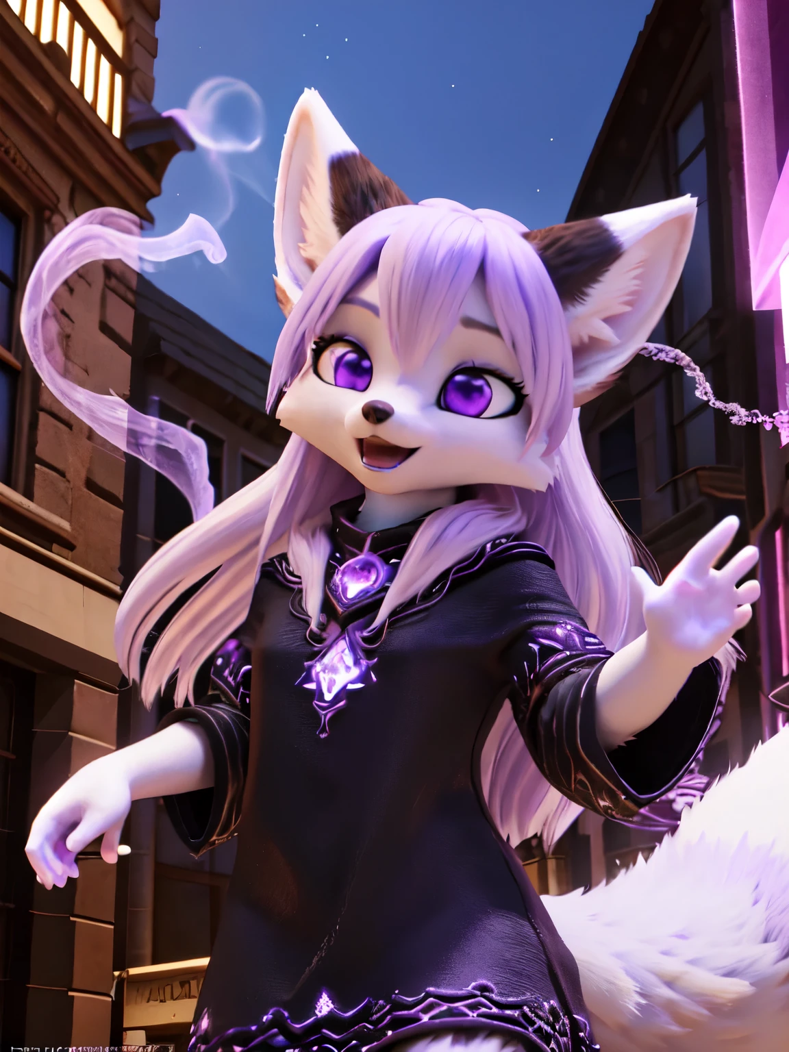 3d,(A young white female fox furry), white fur,lilac long hair, violet laminating eyes, black fur on ears, octaheadron violet crystal on neck,black poncho,magic, warlock,dynamic, in downtown, wicked face