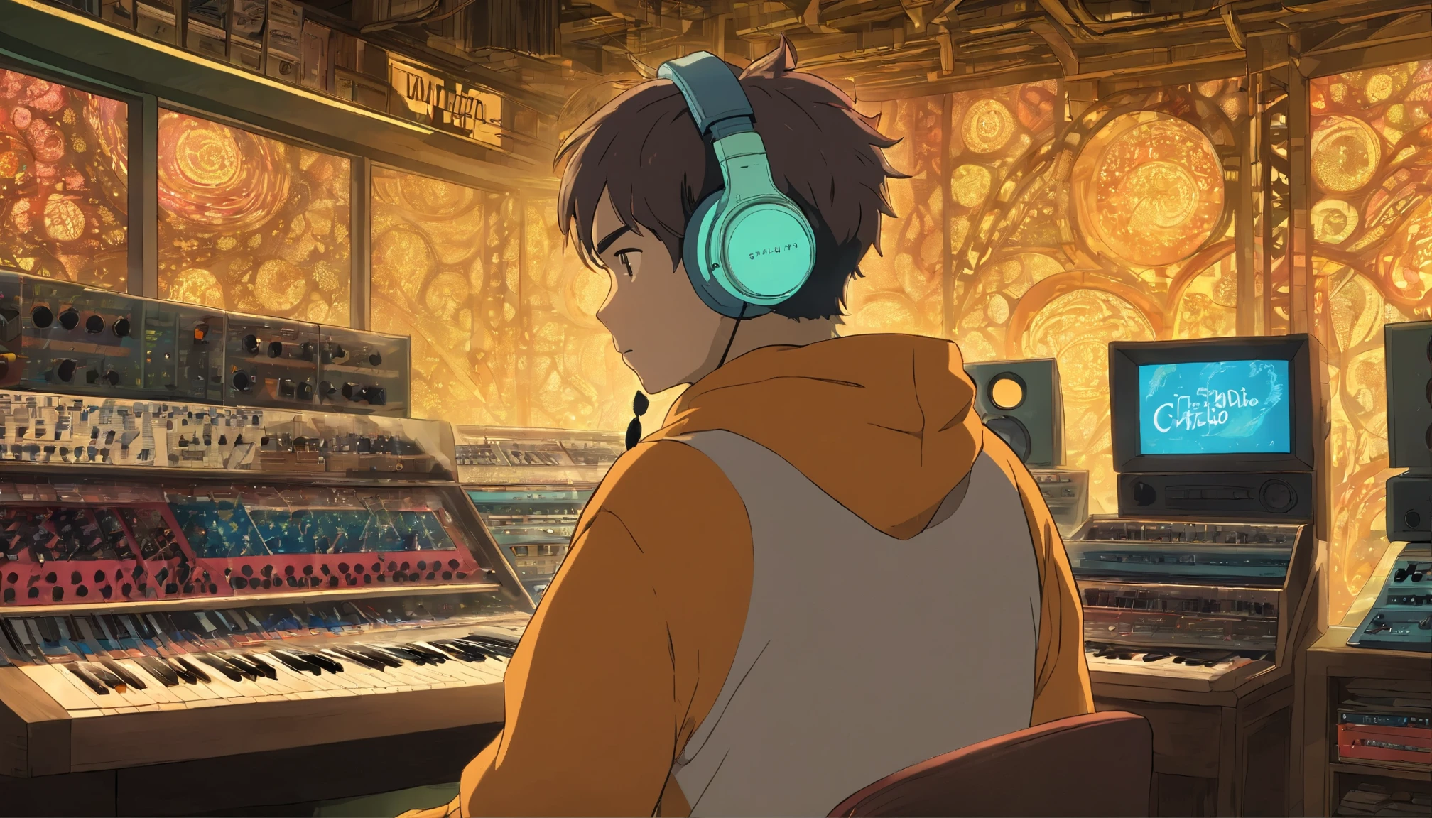 Photo of a man listening to music using headphones, Send a message why you, Super detalhe, Onda vintage, Ciberpunk, atmosfera triste, Bright light through the windows, cena noturna, Um quarto, 2D, (baleado de longe), plano amplo, (film noise), Registros antigos de desenhos animados: 1.3), vinil record store, (obra de arte, qualidade muito alta, qualidade muito alta, arte oficial, beautiful and aesthetic: 1.2), (Muito detalhado, (arte fractal: 1.4 ), guitarra, (notas: 1.4), (hip-hop lo-fi), Vista lateral, Texturas de anime antigas, sozinho, caixas de som, Ciberpunk, vinil, noite