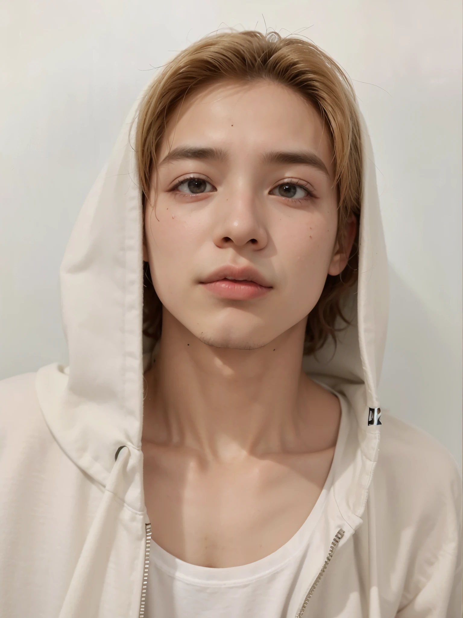 homem arafiado com capuz branco e camisa branca, adorable and pale korean face, hyung tae, todos do grupo nct, Hong junho hyung, young pale angel, taejune kim, Jimin\the right eyelid is swollen, inspirado em jeonseok lee, taken at the beginning of 2020, 1 Menino de 7 anos, rosto magro