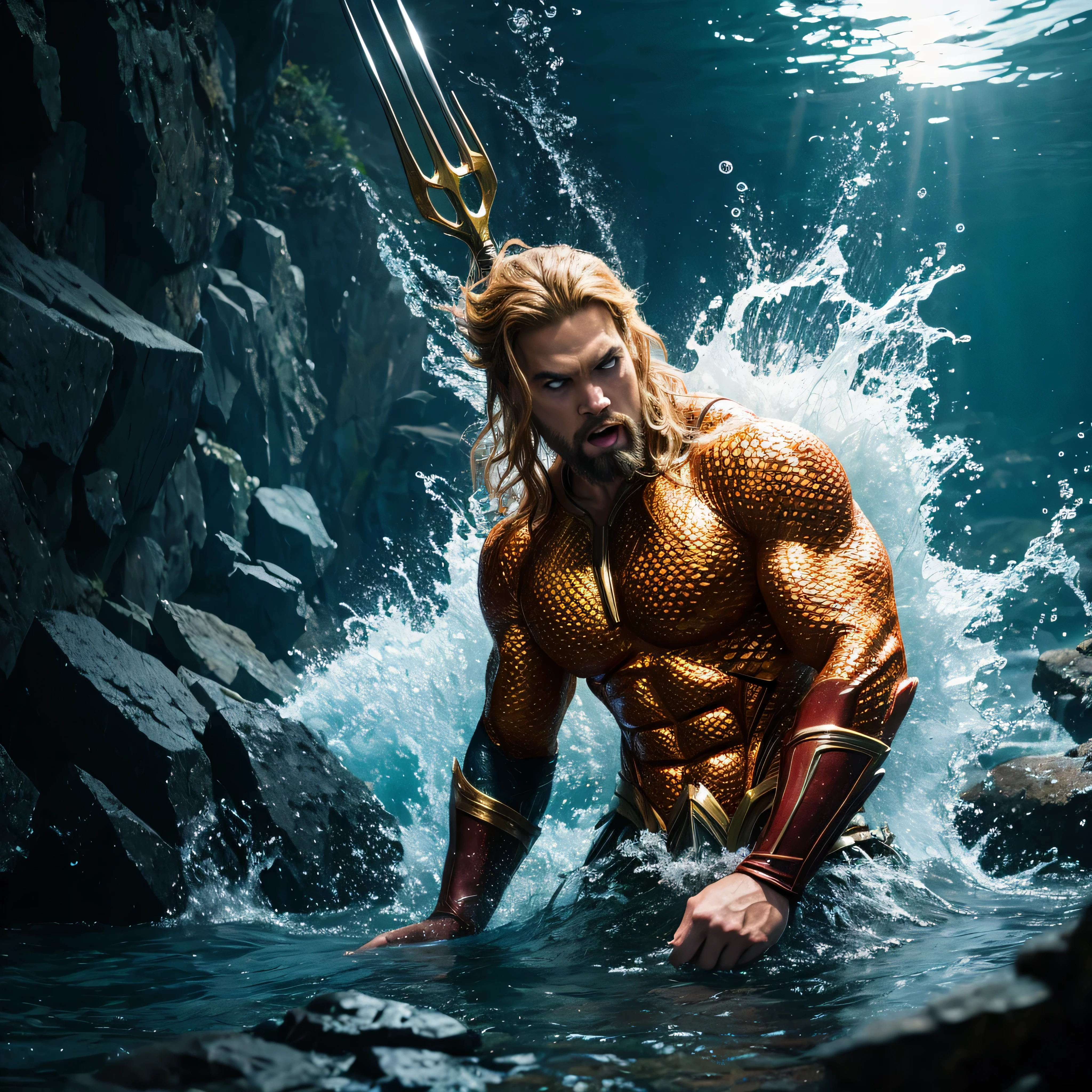 aquaman fighting with caption marvel, mass destruction, powerful epic fight scenes