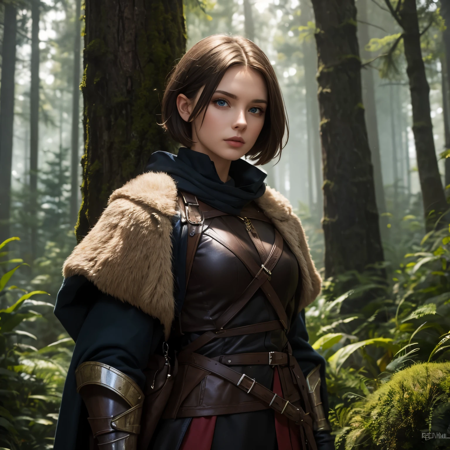 27 year old, Slavic, solo female, highly detailed, straight short brown hair, blue eyes, seductive expression, forest hideout, high fantasy, mage armor, Red Dawn,