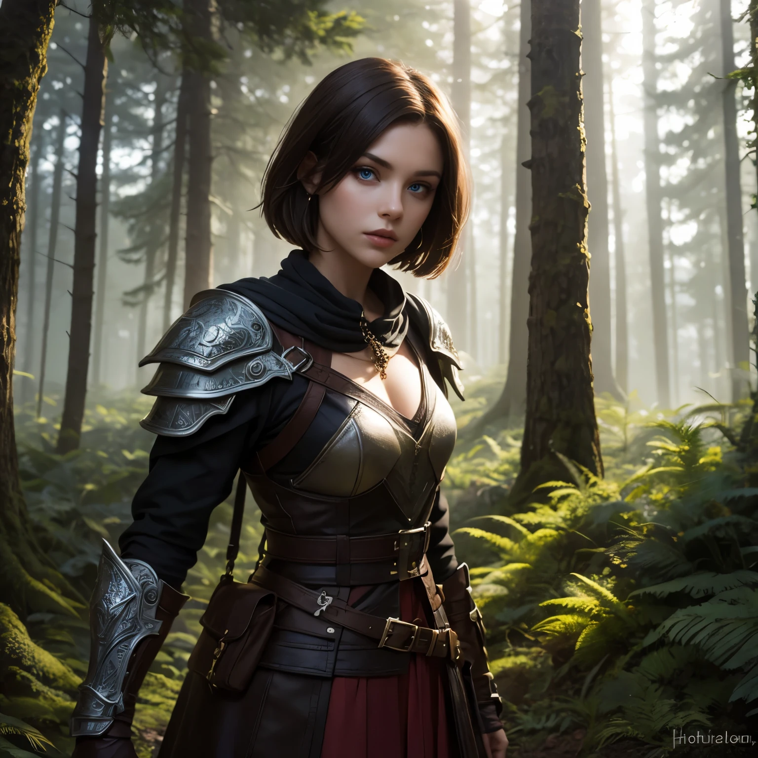 27 year old, Slavic, solo female, highly detailed, straight short brown hair, blue eyes, seductive expression, forest hideout, high fantasy, mage armor, Red Dawn,