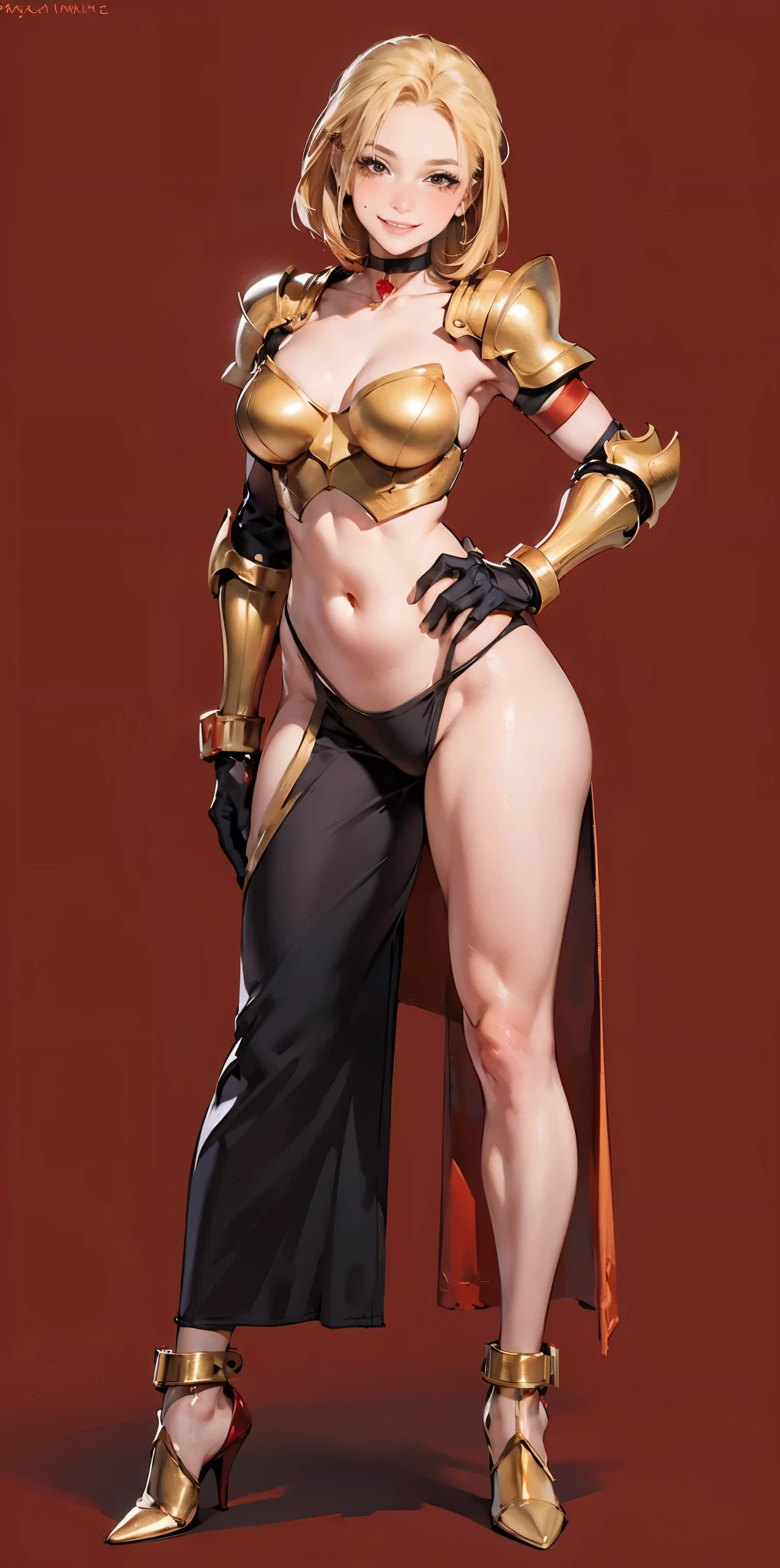 ((RED BACKGROUND)) Female full body standing straight symmetrical, looking at viewer, golden (skin, breastplate, choker, bracers, handcuffs, shackles, high heels), lustful smirking smile face red blushed red cheeks, hands (clenching) on hips, shoulder armor, faulds, poleyn, gloves, gauntlets, blindfolded golden cloth, lustful smirking smile face red blushed, red cheeks