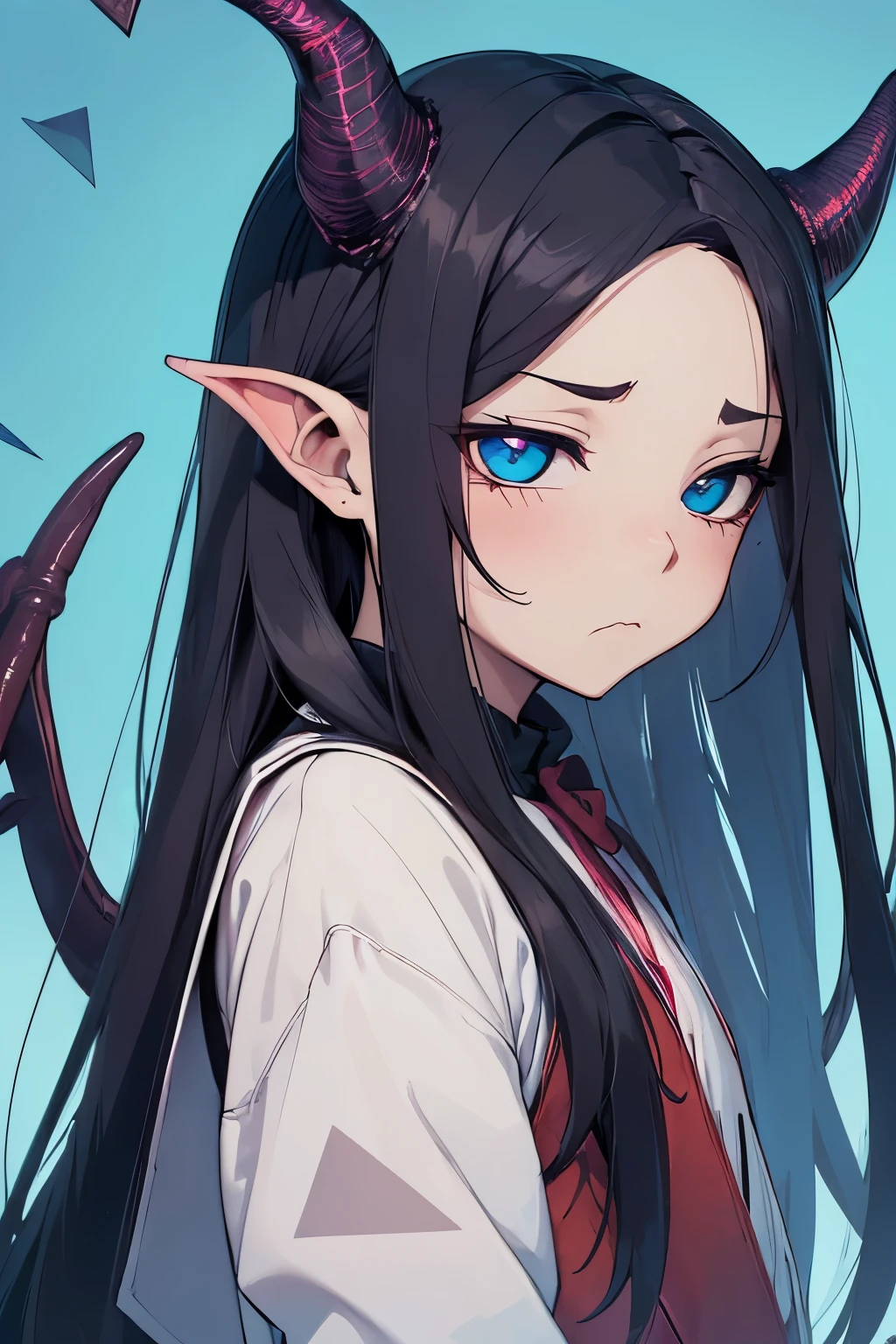 (comedy style:1.5), ((comedy:1.5)), ((small triangle mouth:1.5)), (((jitome))), best quality, amazing quality, very aesthetic, absurdres, white of eyes,
(((( Σ(huh °Д °;)huh )))), ((( :3 ))), chibi,
((empty eyes:1.4)), best quality, amazing quality, very aesthetic, absurdres, straight long black hair, (blue eyes:1.3), (forehead:1.3), parted bangs, very long bangs, (dragon horns:1.3),