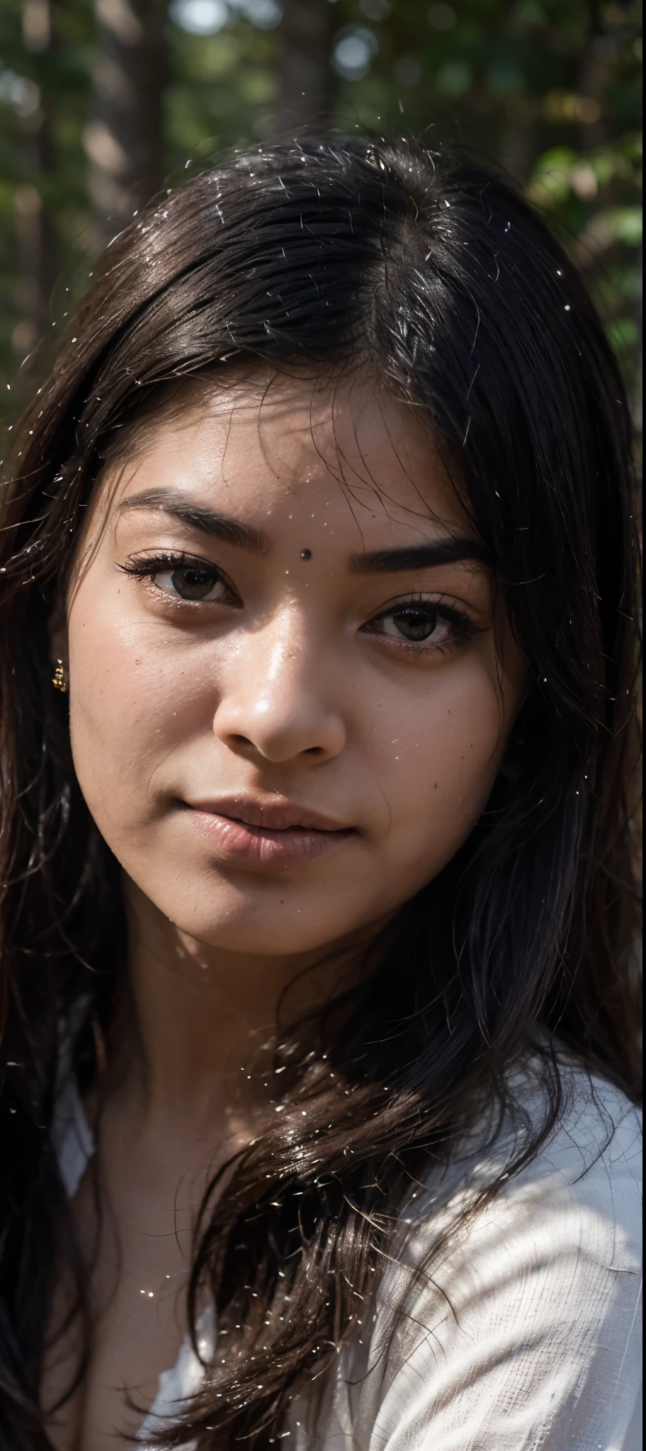 (Rashmika), (masutepiece), (Best Quality:1.4), best quality, modelshoot style, 1girl, face focus, (looking at viewer), (godrays, dust particles:1.4), sunrise, forest, from below, dark theme, style-swirlmagic