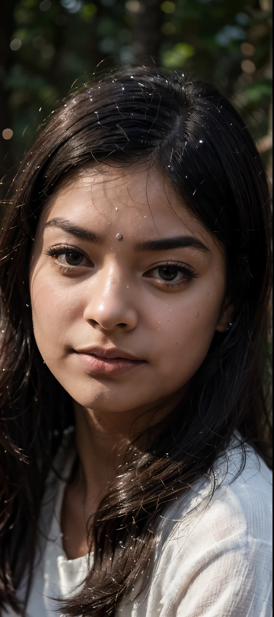 (Rashmika), (masutepiece), (Best Quality:1.4), best quality, modelshoot style, 1girl, face focus, (looking at viewer), (godrays, dust particles:1.4), sunrise, forest, from below, dark theme, style-swirlmagic