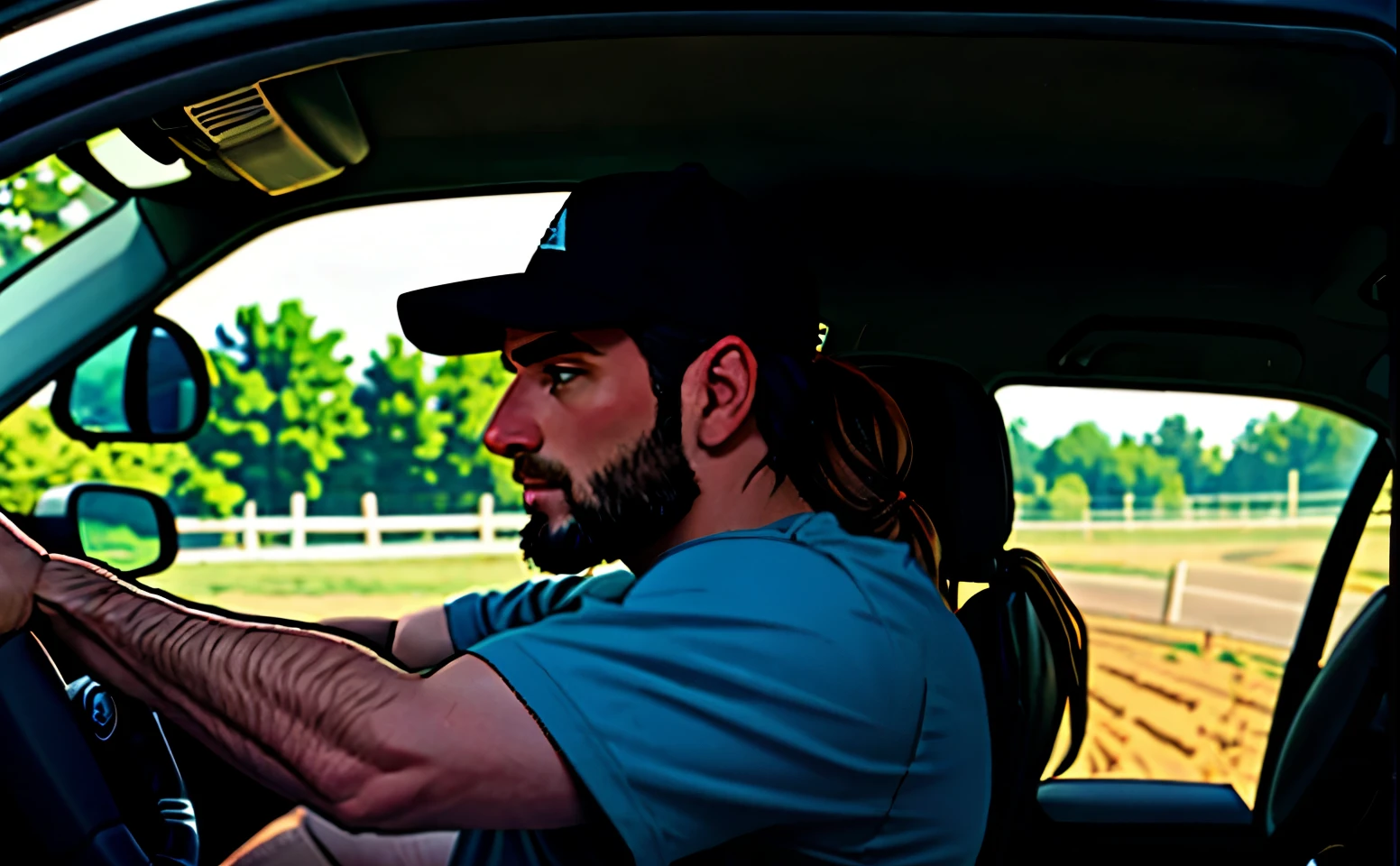 there is a man sitting in the driver's seat of a pickup truck, driving a car, driving, driving around the farm, trip, muscular man, wearing a cap, long hair tied up, facing the side, hands on the steering wheel driving