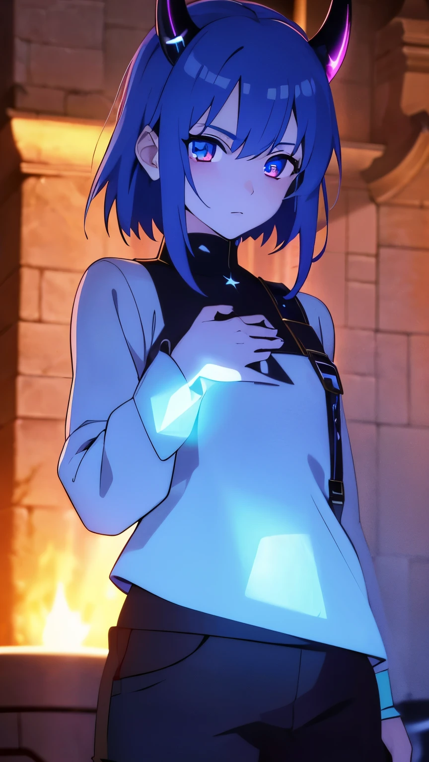 1 girl ,(big Stigmata), non binary, androgynous, School courtyard, (floating hair), ((in courtyard fountain)), character focus, ((black light)),((dark lighting)), cinematic lighting ,(darkness), (concept art), ((innocent face)), blue short straight hair, light blue hair color, dragonoid girl, short, short blue hairy, glowing bluish-purple horns, bluey-purple eye color, (glowing eyes), high resolution,(incredibly absurdres) ,extremely detailed CG unity 8k wallpaper, ((masterpiece)), ((top-quality)), (beautiful illustration), ((an extremely delicate and beautiful)), (masterpiece, Best quality, ultra high resolution), 1 girl, pale skin, Black Crown, purple eyes, Luminous_eyes, neon blue eyes, ultra detailed eyes, Beautiful and detailed face, detailed eyes, (Centered, torso), (wide shot:0.9), facing the viewer, Eye level, flat chested, flat chest, cup size AAA, Wearing black cargo shorts, sharp horns, blue horns on top of head, ((star in eyes))