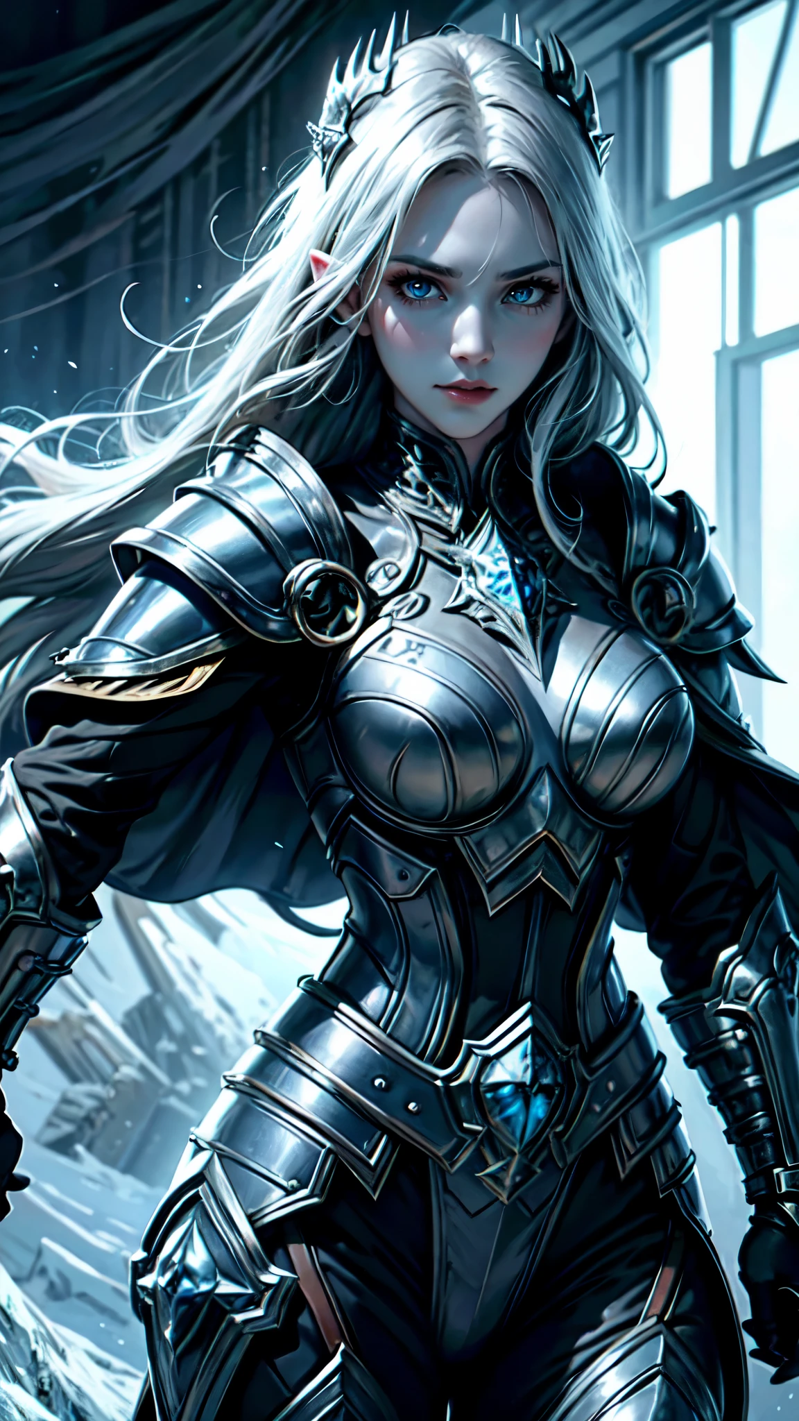 official art, unity 8k wallpaper, ultra detailed, masterpiece, best quality, (((1 woman))), (extremely detailed), dynamic angle, scheming expression, ((devious expression)), wind effect, fantasy background, rim lighting, side lighting, cinematic light, ultra high res, 8k uhd, film grain,best shadow, delicate, RAW, icy blue particles, detailed skin texture, detailed armor texture, detailed face, elven face, intricate details, ultra detailed, Dark, strong, (elegant black armor), ((long silver hair)), (((glowing icy blue eyes))), dark cape, fantasy, (realistic), atmospheric, long elven ears, platnium silver hair, very long elven ears, mature features, medium breasts, elegant armour, beautiful features, ((((commanding expression))))