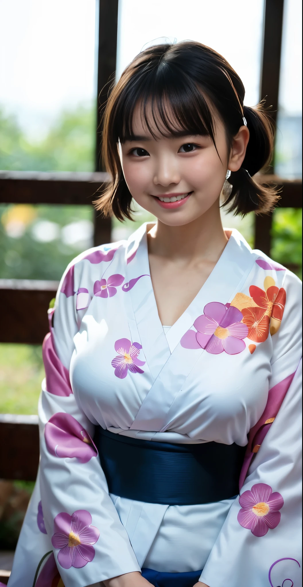 （8k、Raw photography、highest quality、masterpiece：1.2),(black haired、very short hair:1.8),(short twin tails:1.4)、show viewer,Looking at the front,erotic,white skin,(Wearing a kimono with a colorful floral pattern:1.7)、()、(Clothing that emphasizes the shape of your chest、publish one&#39;Skin:1.8)、(big breasts :1.4)、slim body shape、ultra high resolution,beautiful,beautiful fece,(alone, alone、no background:1.9),whole bodyボディー,japanese woman,（Photoreal：1.37）、photon mapping,reality、(-face cute: 1.4)、(cute smile: 1.7)、(With a round face: 1.9)、radio city、Physically based rendering、depth of field rally background、photograph, (I can see your knees,close up of thighs:1.4),whole body、super fine