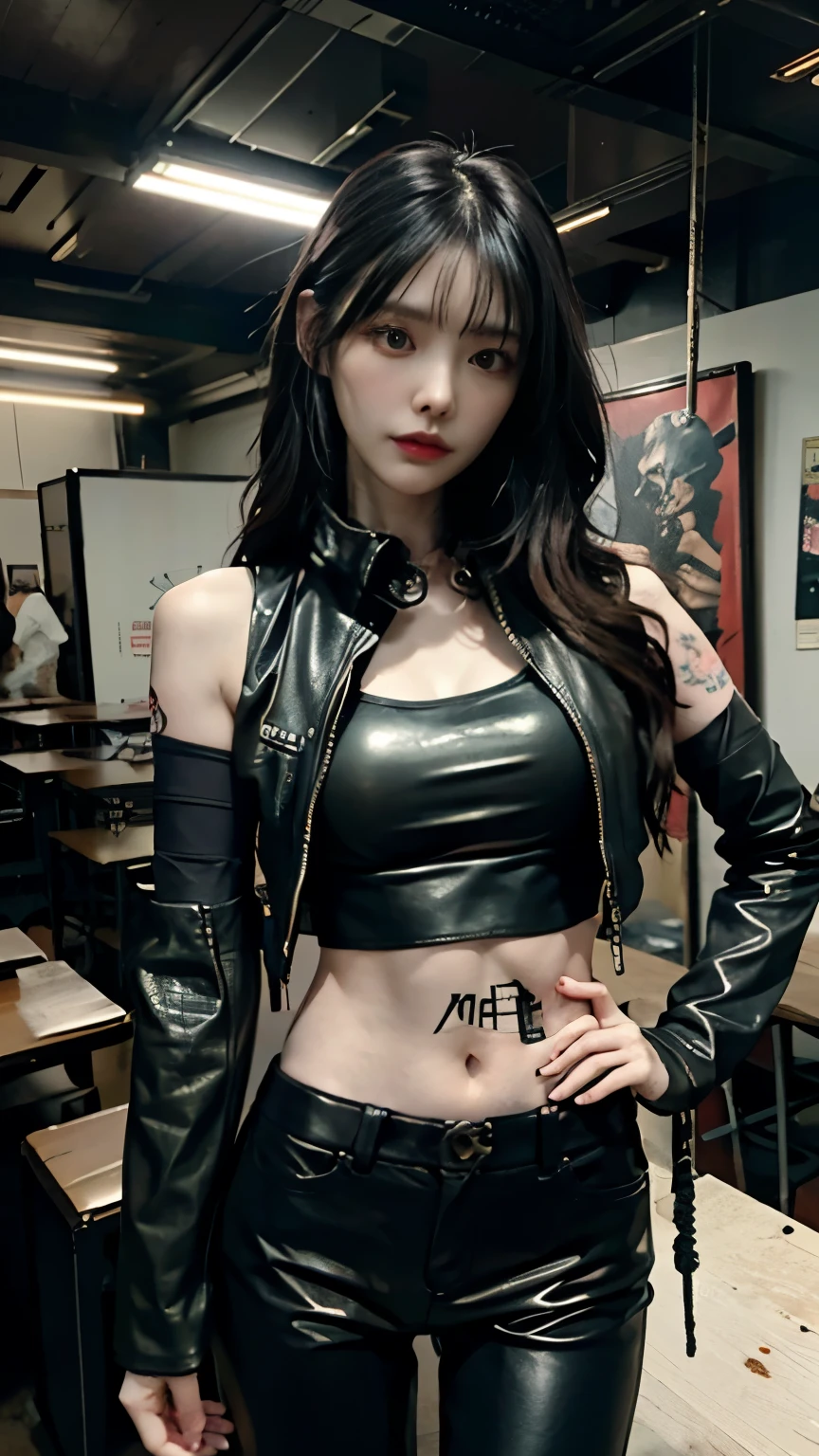 (highest quality)，masterpiece，Super detailed，8K, UHD，Beautiful woman，japanese woman，No expression，whole body，((tattoo))，slim，black leather pants，black leather vest，(female mafia)，gangster，(cyberpunk city)，night，cinematic lightening，underworld