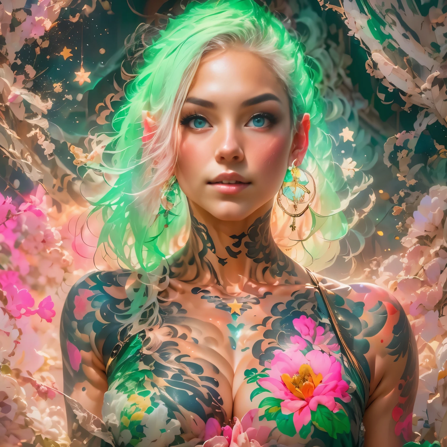 (Realistic Painting), (Best Quality, High Resolution, Photo Realistic: 1.37), (Vivid Colors), (Studio Lighting), (Orange, Pink, White, and Green Details), (Woman with White Hair), (Tattoos), (Technological clothing: 1.1), (Abstract background with lines and circles). ((best quality, high resolution, clear image, detailed background, girl, flower-t tattoo, starry sky)). ((Best quality: 1.37), (1 girl - solo, full-length, waist-high, loose - relaxed pose, standing), (fashionable pink dress, technological image)). ((Settings, soft light, shadows). (tech background - abstraction) HD detail, cinematic, surrealism, Soft light, Deep focus, ray tracing, Diffusion.