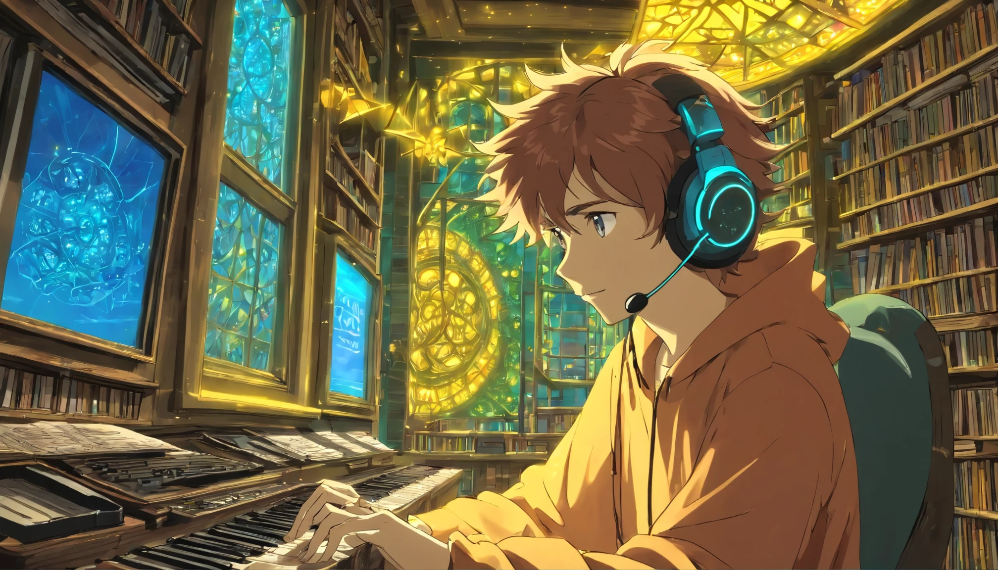 Photo of a man listening to music using headphones, Send a message why you, Super detalhe, Onda vintage, ciberpunk, atmosfera triste, Bright light through the windows, cena noturna, Um quarto, 2D, (baleado de longe), plano amplo, (noise film), Registros antigos de desenhos animados: 1.3), loja de discos de vinil, (obra de arte, qualidade muito alta, qualidade muito alta, arte oficial, beautiful and aesthetic: 1.2), (Muito detalhado, (arte fractal: 1.4 ), guitarra, (notas: 1.4), (hip-hop lo-fi), Vista lateral, Texturas de anime antigas, sozinho, caixas de som, ciberpunk, vinil, noite
