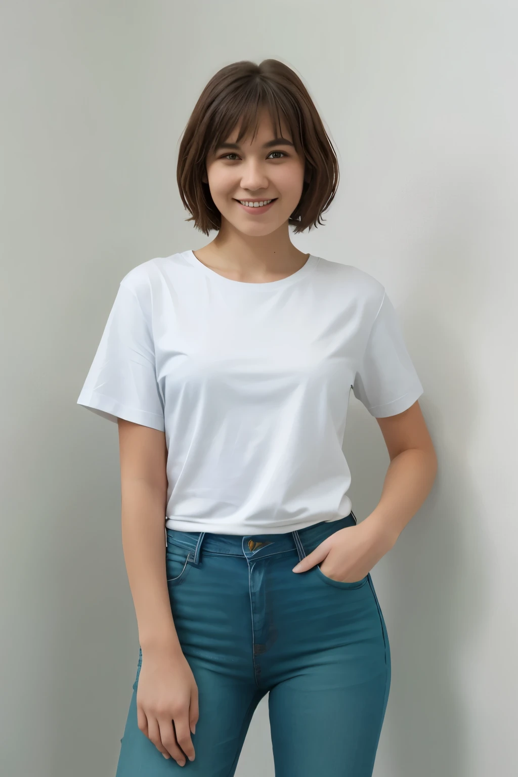 For a green t-shirt mockup design, front facing, from the top of her head to the knees, full body, photo-real caucasian teenager girl, eighteen years old, short black straight hair, bobcut, boycut, happily smiling, closed lips, pointed nose, facing the front, standing with her hands on her waist, wearing a high-quality green colored t-shirt with no designs, no pockets and no text, and clean blue jeans, for a mockup design, plain green t-shirt with no designs and no text, with a focus on the high-resolution texture and details of the clothes. The photo real girl is standing in an all white room with a white background, with a shadow effect adding depth to the image