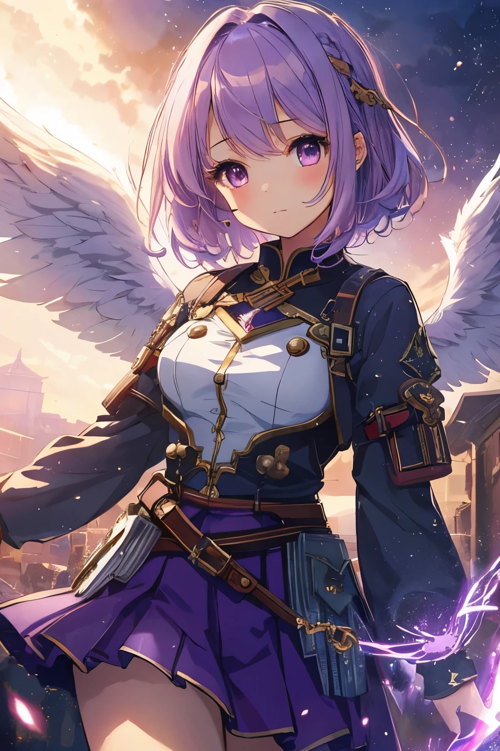 beautiful illustrations, highest quality, cute girl, (conversion sequence), Angel, combat uniform、warrior、fractal art, , light purple hair、shortcut, cinematic lighting, null、bob