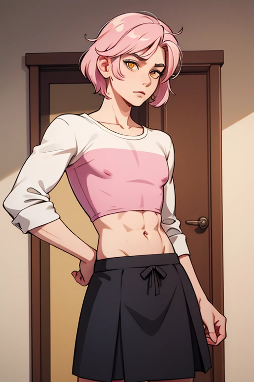 1male mature adult light pink hair yellow eyes wearing crop top and skirt