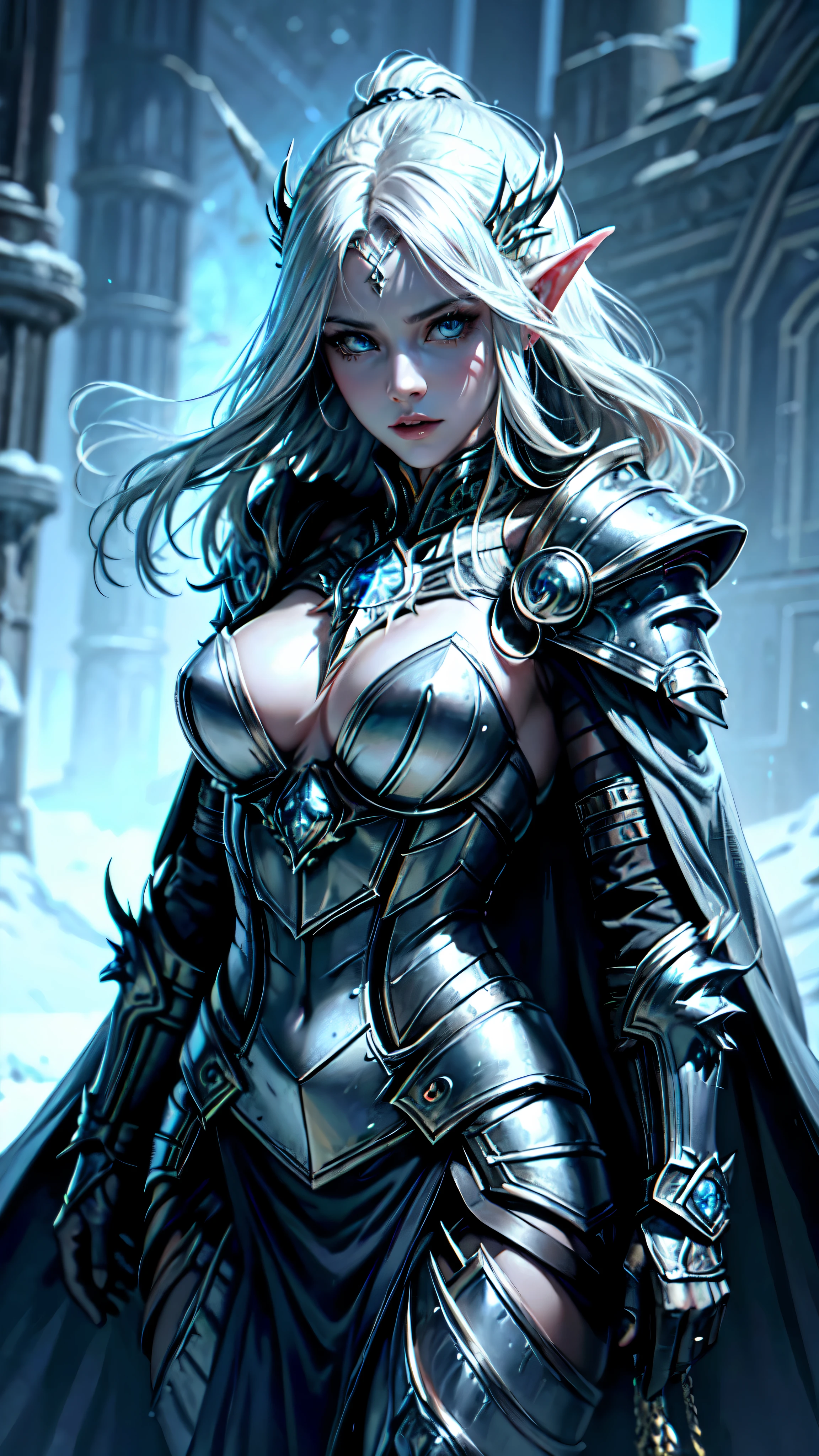 official art, unity 8k wallpaper, ultra detailed, masterpiece, best quality, (((1 woman))), (extremely detailed), dynamic angle, scheming expression, ((devious expression)), detailed face, detailed eyes, detaild hands, wind effect, fantasy background, rim lighting, side lighting, cinematic light, ultra high res, 8k uhd, film grain,best shadow, delicate, RAW, icy blue particles, detailed skin texture, detailed armor texture, detailed face, elven face, intricate details, ultra detailed, Dark, strong, (elegant black armor), ((long silver hair)), (((glowing icy blue eyes))), dark cape, fantasy, (realistic), atmospheric, long elven ears, platnium silver hair, very long elven ears, mature features, medium breasts, elegant armour, beautiful features, ((((commanding expression))))