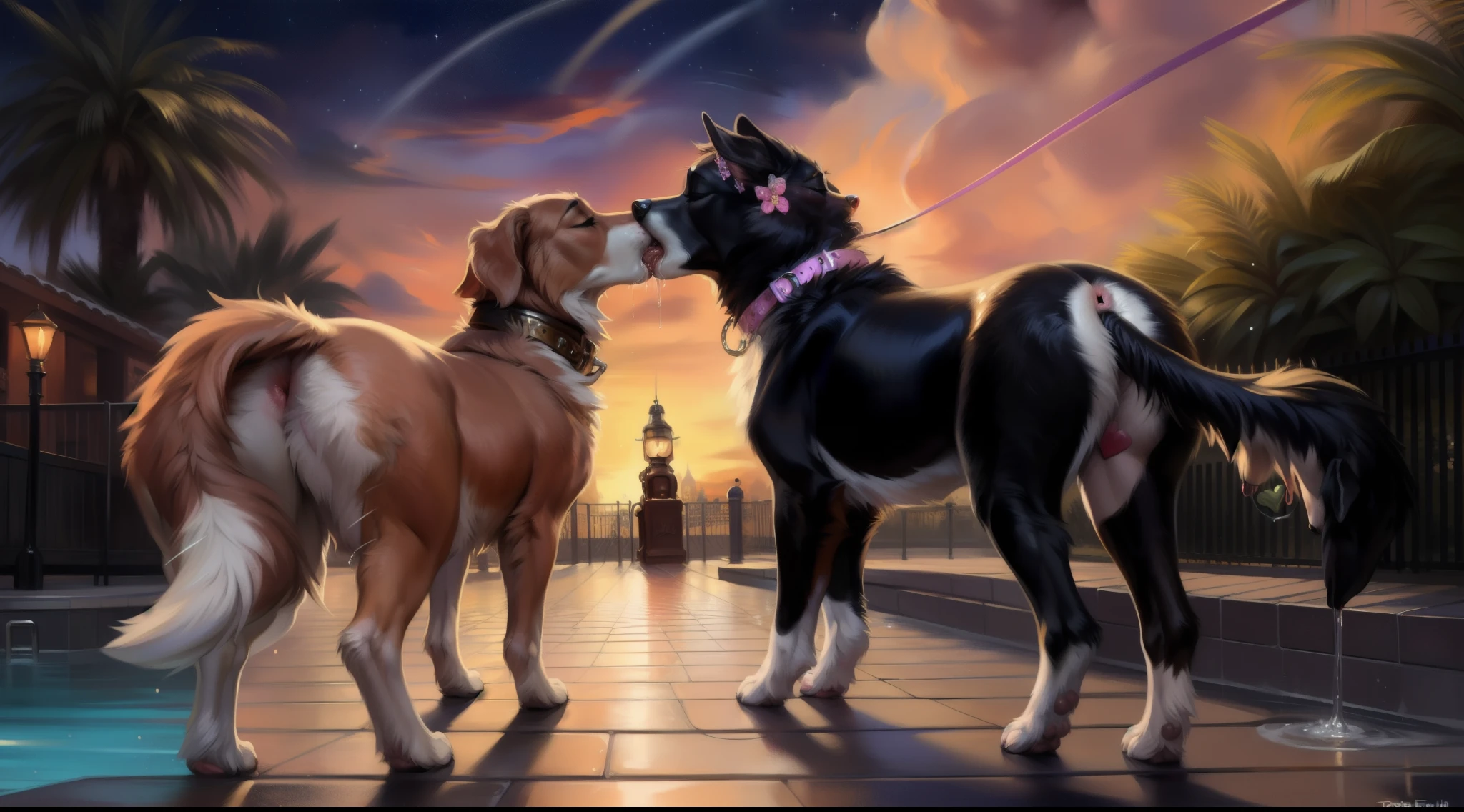 2 mature female dogs sharing an intense and messy kiss, by pino daeni, by reallynxgirl, by chunie, by foxovh, hi res, absurd res, 8k, masterpie(in pool),ce, floating hearts, (fuzzy butt:1.4), (fur:1.4), isometric view, best quality, butt focus, hindquarters, sunset clouds, starry sky, sparkles, good lighting, light beam, floating hearts, ((beautiful dog park)), by roly, (mature feral), wide hips, big butt, (duo), (long eyelashes:1.1), (medium-sized dog), (2 dogs), collie, saluki, domestic dog, curled tail, (kissing:1.3), (nose to nose:1.4), (excessive drooling), feminine collar, ear accessory, tail accessory, whiskers, big blocky snout, groomed fur, unique fur pattern, excessive drooling, feral canid, feral canine, feral mammal, canis, eyes closed, feral on feral, food, fruit, (making out), plant, saliva, aggressive kissing, (forced), violent, (angry), (directed motion outline:1.6), (path lines:1.6), (direction lines:1.6), (motion lines:1.7), (motion path:1.6), (motion trail.4), female/female, (girly:1.5), (feral), open mouth, by totesfleisch8, black butt markings, tribalism, french kissing, standing, tailwag, hugging, embrace, (multi nipple), leash, fire hydrant, walking, ((steampunk)), rear view, front view,