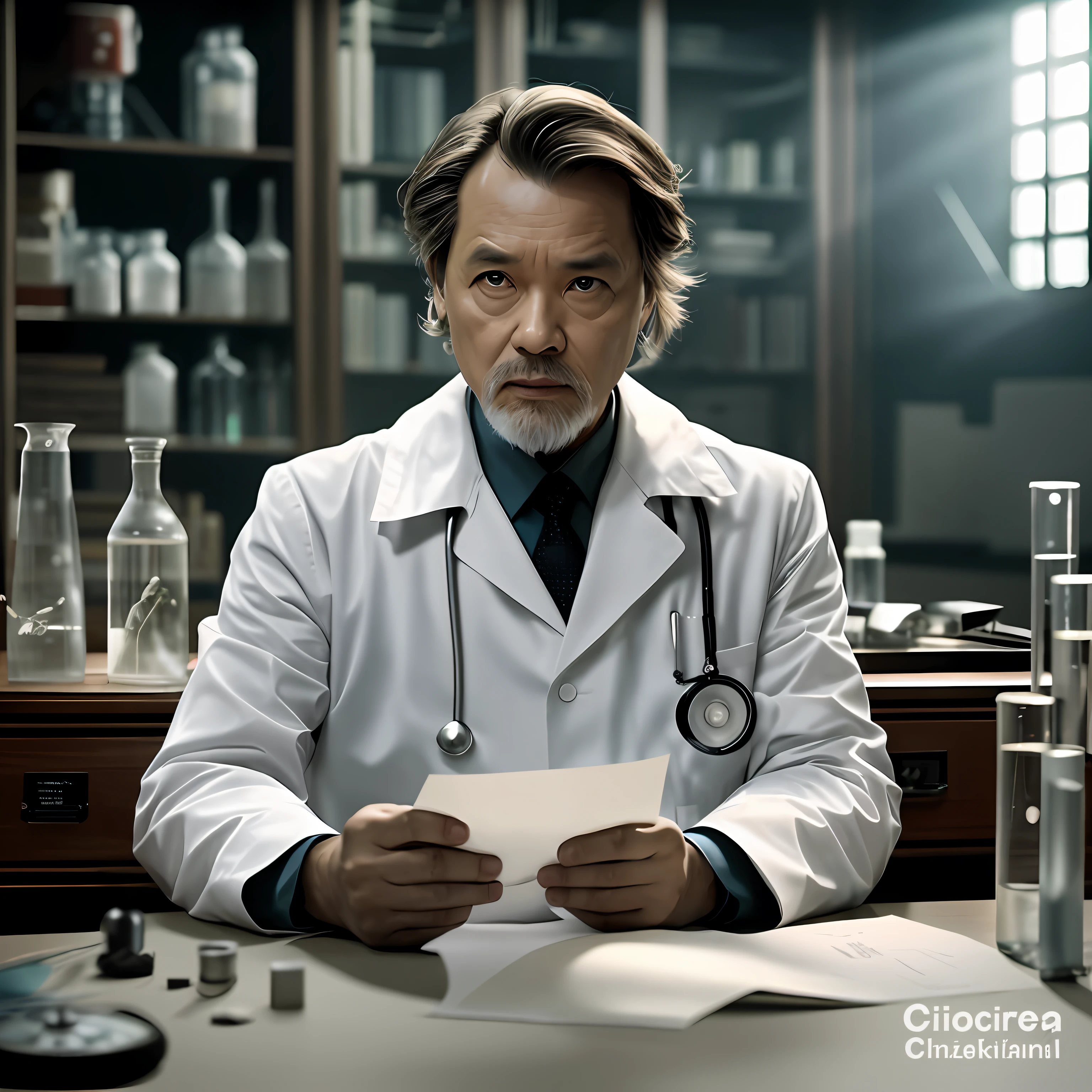 Hombre con bata de laboratorio sentado en una mesa con papeles, medic, (medic), medicamento, medic, scientific, Dirigido por: Cheng Zheng Kui, Elite scientist, Dirigido por: Darek Zabrocki, el doctor, Hannibal, cirujano, chengweipan, still image from the television series, photo manipulation, Erwin Olavo, Dirigido por: Fei Danxu, creative photo manipulation