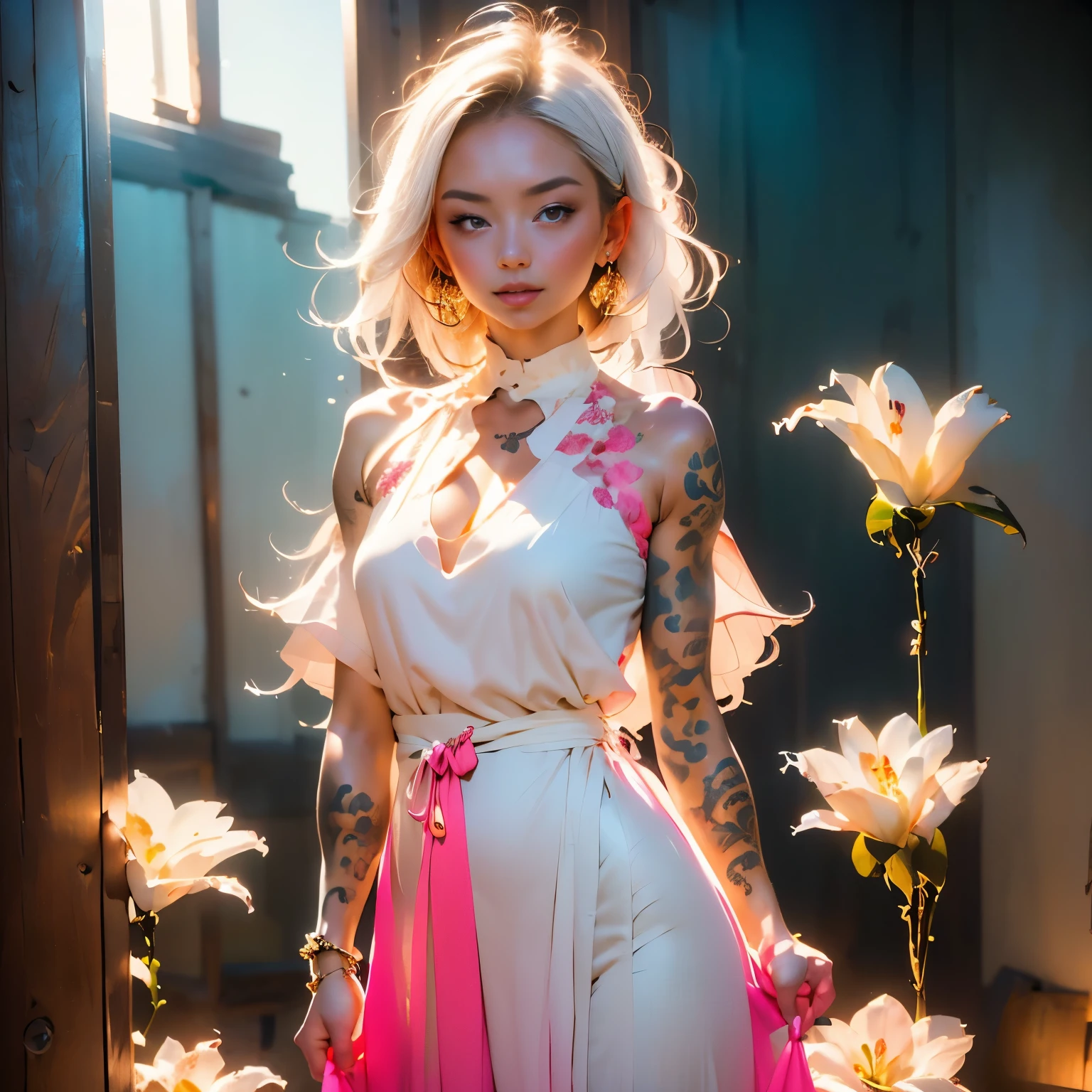 (Realistic Painting), (Best Quality, High Resolution, Photo Realistic: 1.37), (Vivid Colors), (Studio Lighting), (Orange, Pink, White, and Green Details), (Woman with White Hair), (Tattoos), (Technological clothing: 1.1), (Abstract background with lines and circles). ((best quality, high resolution, clear image, detailed background, girl, flower-t tattoo, starry sky)). ((Best quality: 1.37), (1 girl - solo, full-length, waist-high, loose - relaxed pose, standing), (fashionable pink dress, technological image)). ((Settings, soft light, shadows). (tech background - abstraction) HD detail, cinematic, surrealism, Soft light, Deep focus, ray tracing, Diffusion.