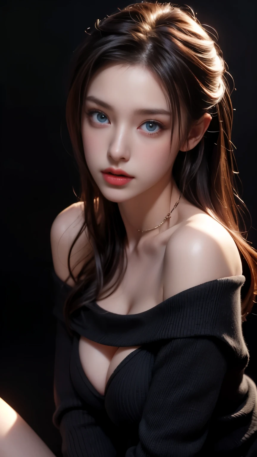 ultra high res, masterpiece, best quality, perfect glossy shiny skins, perfect lighting, detailed lighting, dramatic shadows, ray tracing, black sweater, looking at viewer, off shoulder, Big breasts, Exposed cleavage, blue Eyes, nsfw, ((Dark background)), Sexy face, Facial expressions when receiving pleasure, open mouse,