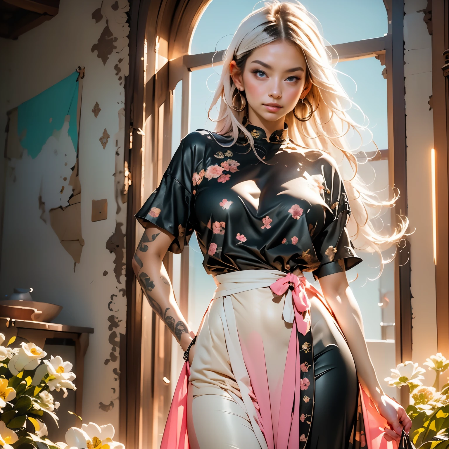 (Realistic Painting), (Best Quality, High Resolution, Photo Realistic: 1.37), (Vivid Colors), (Studio Lighting), (Orange, Pink, White, and Green Details), (Woman with White Hair), (Tattoos), (Technological clothing: 1.1), (Abstract background with lines and circles). ((best quality, high resolution, clear image, detailed background, girl, flower-t tattoo, starry sky)). ((Best quality: 1.37), (1 girl - solo, full-length, waist-high, loose - relaxed pose, standing), (fashionable pink dress, technological image)). ((Settings, soft light, shadows). (tech background - abstraction) HD detail, cinematic, surrealism, Soft light, Deep focus, ray tracing, Diffusion.