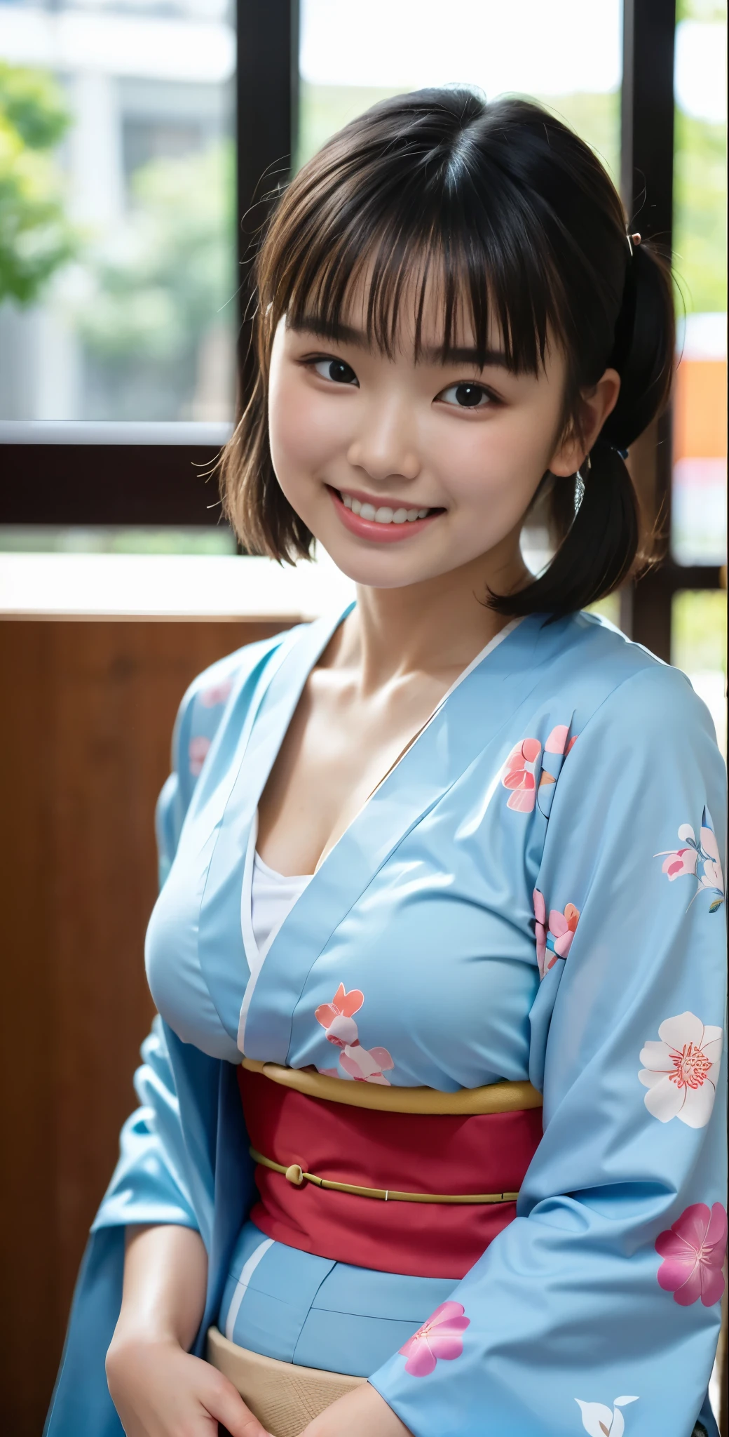 (8k、Raw photography、highest quality、masterpiece:1.2),(black haired、very short hair:1.8),(short twin tails:1.4)、show viewer,Looking at the front,erotic,白いskin,(Wearing a kimono with a colorful floral pattern:1.7)、()、(Clothing that emphasizes the shape of your chest、publish one'skin:1.8)、(big breasts :1.4)、slim body shape、ultra high resolution,beautiful,beautiful fece,(alone, no background:1.9),whole bodyボディー,japanese woman,(Photoreal:1.37)、photon mapping,reality、(Baby-faced and cute: 1.2)、(cute smile: 1.7)、(With a round face: 1.8)、radio city、Physically based rendering、depth of field rally background、photograph, (I can see your knees,close up of thighs:1.4),whole body、super fine