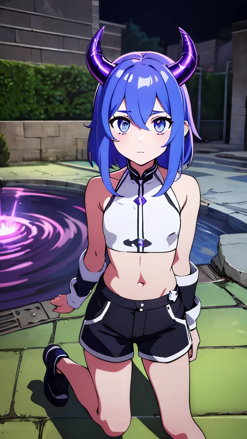 1 girl ,(big Stigmata), non binary, androgynous, School courtyard, (floating hair), ((in courtyard fountain)), character focus, ((black light)),((dark lighting)), cinematic lighting ,(darkness), (concept art), ((innocent face)), blue short straight hair, light blue hair color, dragonoid girl, short, short blue hairy, glowing bluish-purple horns, bluey-purple eye color, (glowing eyes), high resolution,(incredibly absurdres) ,extremely detailed CG unity 8k wallpaper, ((masterpiece)), ((top-quality)), (beautiful illustration), ((an extremely delicate and beautiful)), (masterpiece, Best quality, ultra high resolution), 1 girl, pale skin, Black Crown, purple eyes, Luminous_eyes, neon blue eyes, ultra detailed eyes, Beautiful and detailed face, detailed eyes, (Centered, torso), (wide shot:0.9), facing the viewer, Eye level, flat chested, flat chest, cup size AAA, Wearing black cargo shorts, sharp horns, blue horns on top of head,