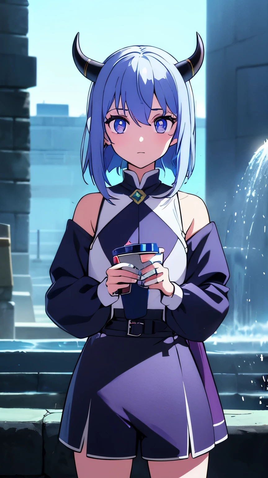1 girl ,(big Stigmata), non binary, androgynous, School courtyard, (floating hair), ((in courtyard fountain)), character focus, ((black light)),((dark lighting)), cinematic lighting ,(darkness), (concept art), ((innocent face)), blue short straight hair, light blue hair color, dragonoid girl, short, short blue hairy, glowing bluish-purple horns, bluey-purple eye color, (glowing eyes), high resolution,(incredibly absurdres) ,extremely detailed CG unity 8k wallpaper, ((masterpiece)), ((top-quality)), (beautiful illustration), ((an extremely delicate and beautiful)), (masterpiece, Best quality, ultra high resolution), 1 girl, pale skin, Black Crown, purple eyes, Luminous_eyes, neon blue eyes, ultra detailed eyes, Beautiful and detailed face, detailed eyes, (Centered, torso), (wide shot:0.9), facing the viewer, Eye level, flat chested, flat chest, cup size AAA, Wearing black cargo shorts, sharp horns, blue horns on top of head, ((star in eyes))