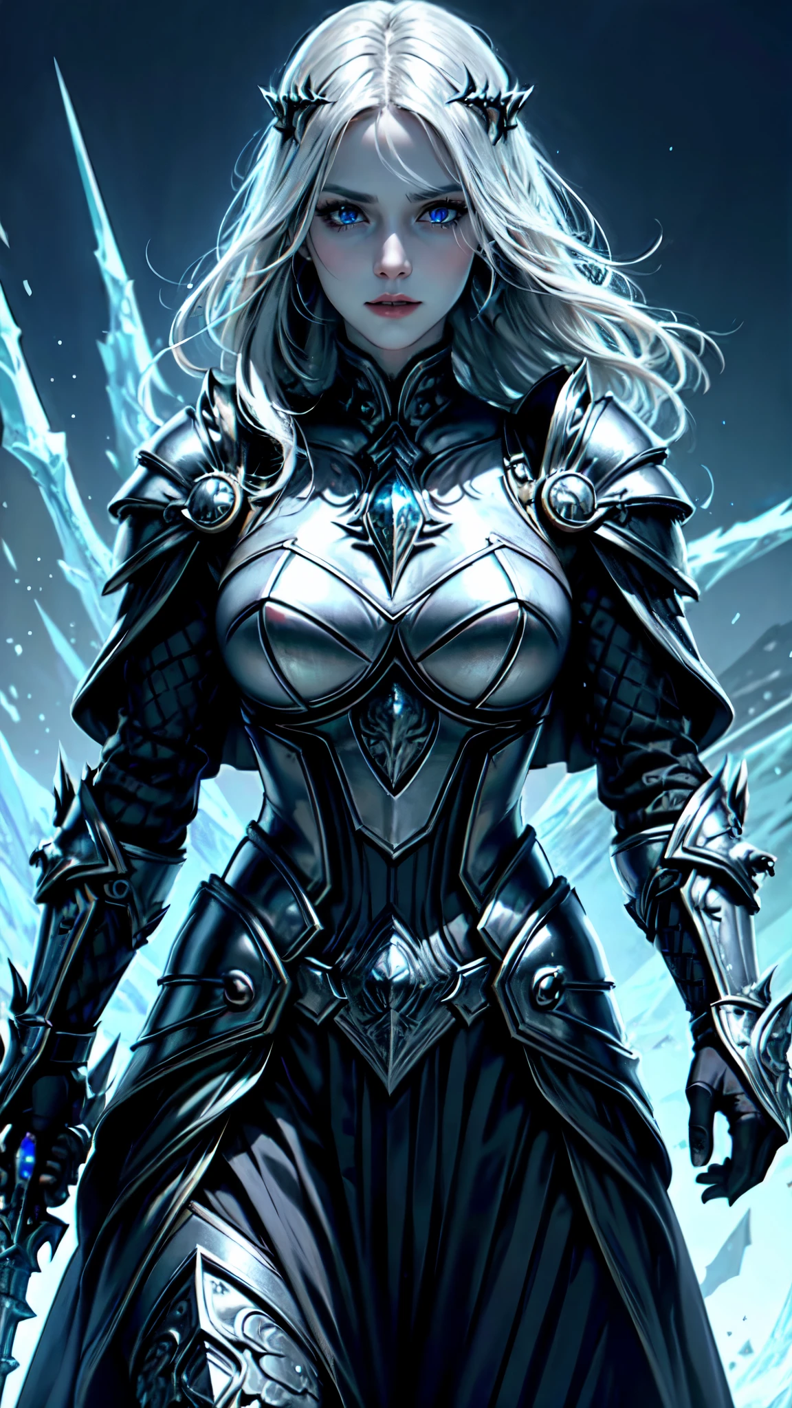 official art, unity 8k wallpaper, ultra detailed, masterpiece, best quality, (((1 woman))), (extremely detailed), dynamic angle, scheming expression, ((devious expression)), wind effect, fantasy background, rim lighting, side lighting, cinematic light, ultra high res, 8k uhd, film grain,best shadow, delicate, RAW, icy blue particles, detailed skin texture, detailed armor texture, detailed face, elven face, intricate details, ultra detailed, Dark, strong, (elegant black armor), ((long silver hair)), (((glowing icy blue eyes))), dark cape, fantasy, (realistic), atmospheric, long elven ears, platnium silver hair, very long elven ears, mature features, medium breasts, elegant armour, beautiful features, ((((commanding expression))))