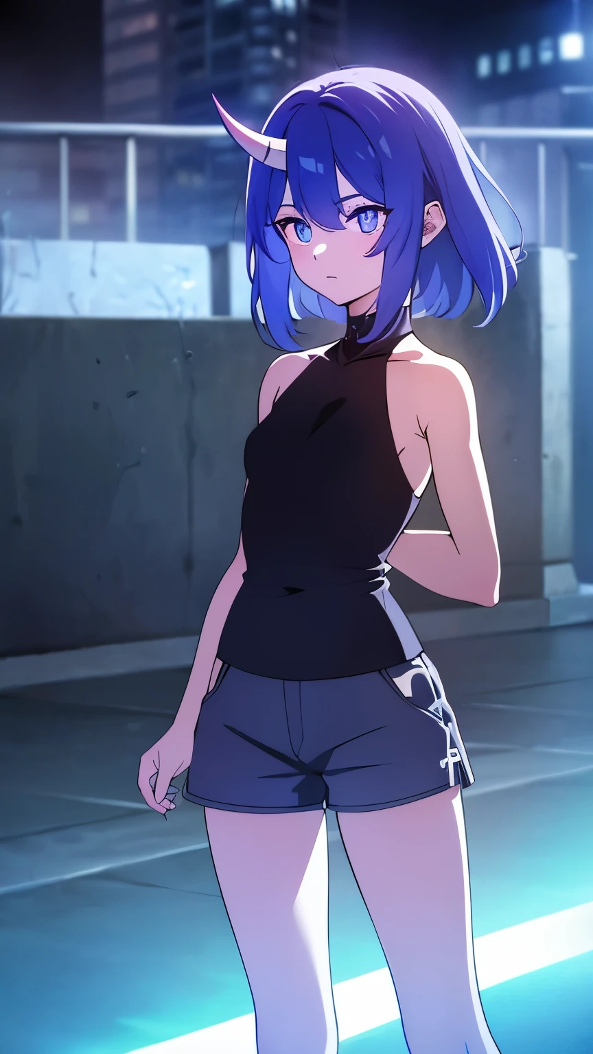 1 girl ,(big Stigmata), non binary, androgynous, School courtyard, (floating hair), ((in courtyard fountain)), character focus, ((black light)),((dark lighting)), cinematic lighting ,(darkness), (concept art), ((lustful face)), blue short straight hair, light blue hair color, dragonoid girl, short, short blue hairy, glowing bluish-purple horns, bluey-purple eye color, (glowing eyes), high resolution,(incredibly absurdres) ,extremely detailed CG unity 8k wallpaper, ((masterpiece)), ((top-quality)), (beautiful illustration), ((an extremely delicate and beautiful)), (masterpiece, Best quality, ultra high resolution), 1 girl, pale skin, Black Crown, purple eyes, Luminous_eyes, neon blue eyes, ultra detailed eyes, Beautiful and detailed face, detailed eyes, (Centered, torso), (wide shot:0.9), facing the viewer, Eye level, flat chested, flat chest, cup size AAA, Wearing black cargo shorts, sharp horns, blue horns on top of head, sexy, sexy pose, blushing