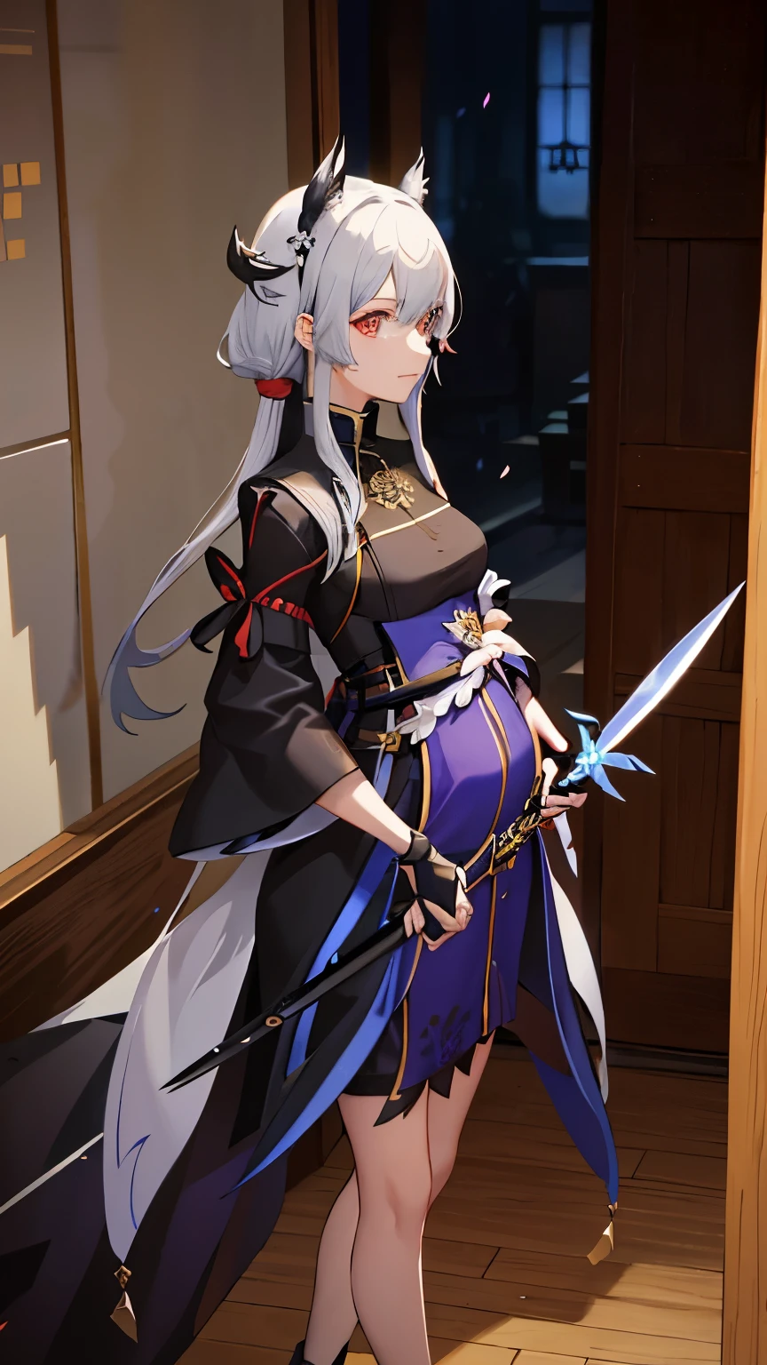 a woman in a dress holding a dagger and a dagger, video game character, from arknights, fox nobushi holding a dagger, hajime yatate, keqing from genshin impact, random haired deity, with small sword, ayaka genshin impact, female action anime girl, official character art, anime character, pregnant anime girl, fetus, random hair color