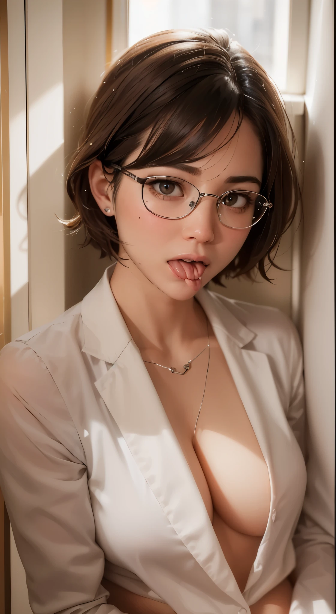 There is a woman who takes a picture in the mirror.,19 year old girl, Heyotei, lace sheer lingerie,built ,(heart-shaped pupil:1.3),(stick out tongue:1.2),I was scared:1.3,(look up),bedroom at night,necklace,Messy clothes, dairy cow, kneel down, (cry: 0.7), open your mouth, saliva, throat, stick out tongue, hanging rash, Blowjob_invitation to, In the mouth, (heart-shaped pupil)