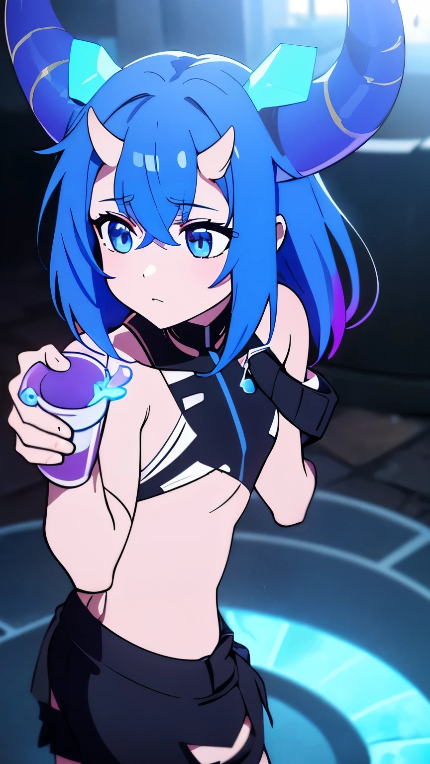 1 girl ,(big Stigmata), non binary, androgynous, School courtyard, (floating hair), ((in courtyard fountain)), character focus, ((black light)),((dark lighting)), cinematic lighting ,(darkness), (concept art), ((innocent face)), blue short straight hair, light blue hair color, dragonoid girl, short, short blue hairy, glowing bluish-purple horns, bluey-purple eye color, (glowing eyes), high resolution,(incredibly absurdres) ,extremely detailed CG unity 8k wallpaper, ((masterpiece)), ((top-quality)), (beautiful illustration), ((an extremely delicate and beautiful)), (masterpiece, Best quality, ultra high resolution), 1 girl, pale skin, Black Crown, purple eyes, Luminous_eyes, neon blue eyes, ultra detailed eyes, Beautiful and detailed face, detailed eyes, (Centered, torso), (wide shot:0.9), facing the viewer, Eye level, flat chested, flat chest, cup size AAA, Wearing black cargo shorts, sharp horns, blue horns on top of head, ((star shape in eyes))